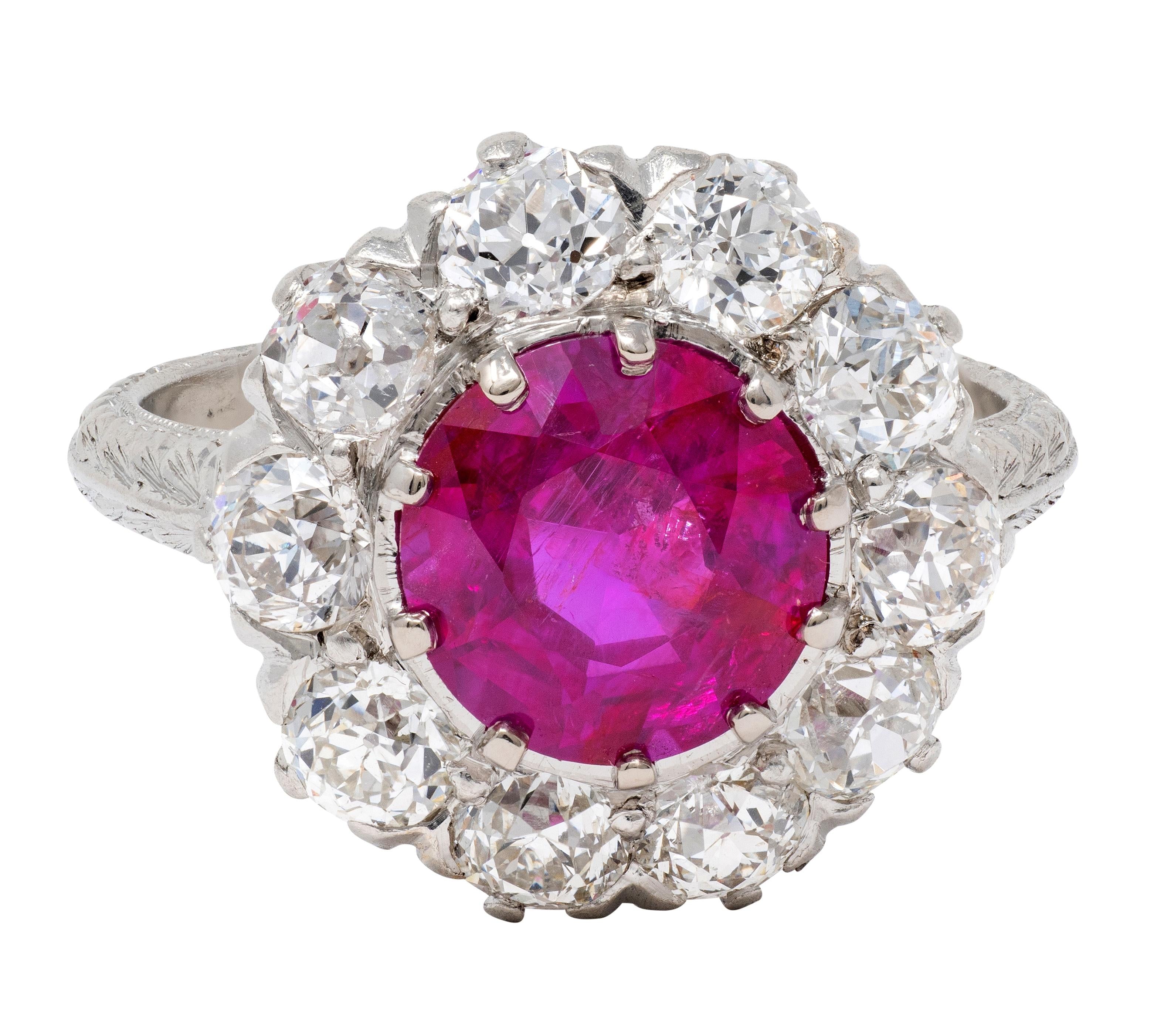 Edwardian 3.47 CTW No Heat Burma Ruby Diamond Platinum Antique Fanning Halo Ring