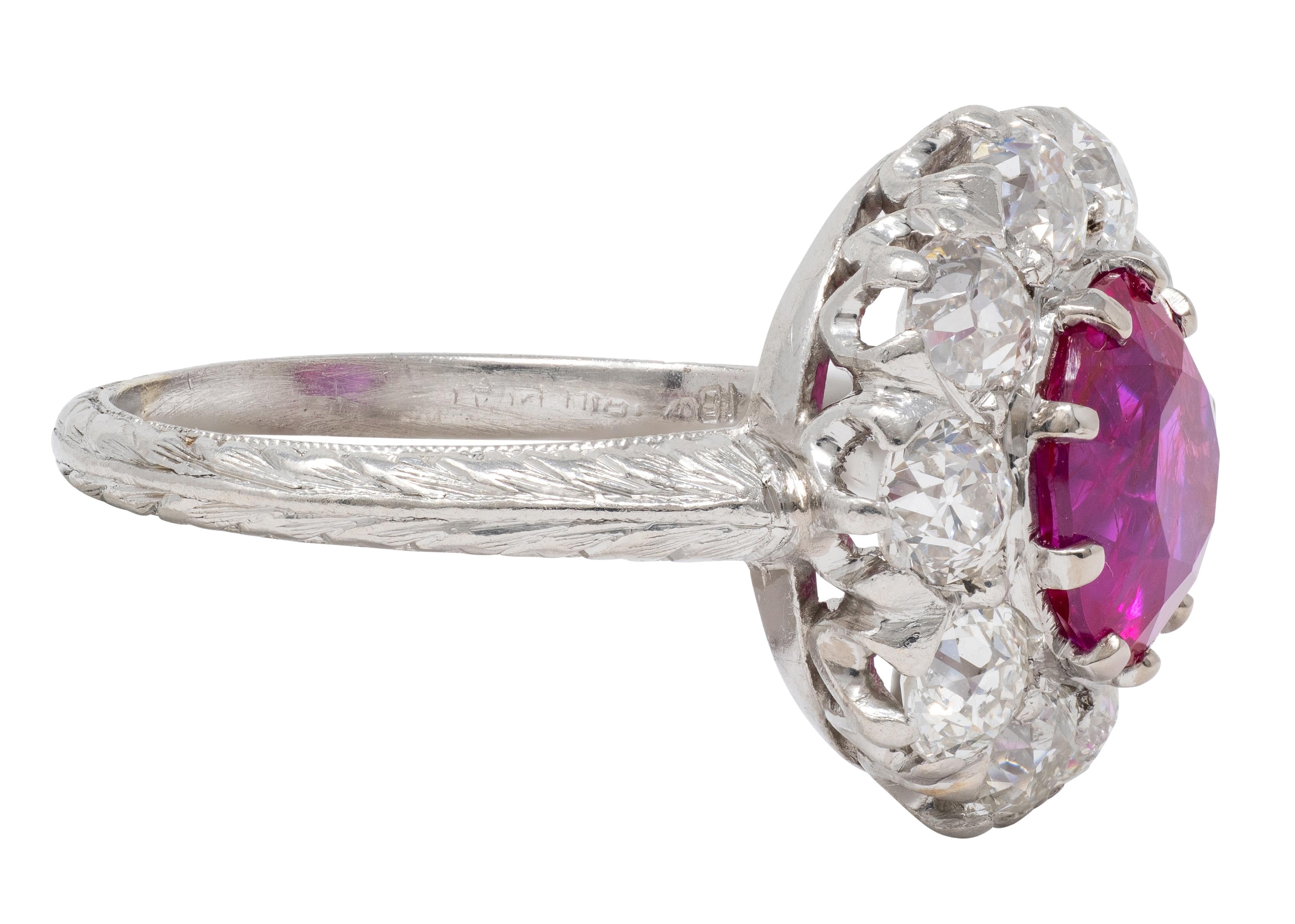 Edwardian 3.47 CTW No Heat Burma Ruby Diamond Platinum Antique Fanning Halo Ring
