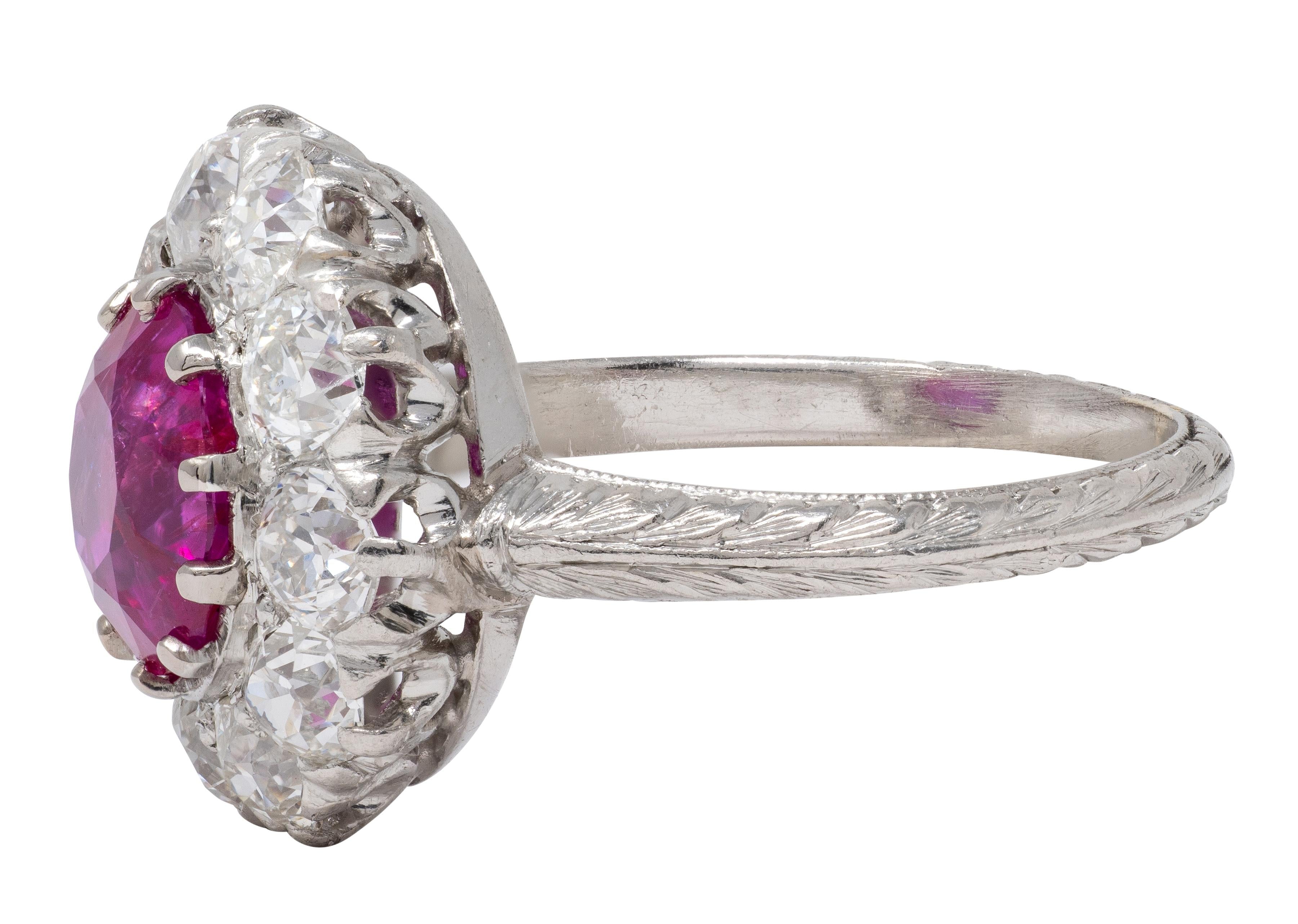 Edwardian 3.47 CTW No Heat Burma Ruby Diamond Platinum Antique Fanning Halo Ring