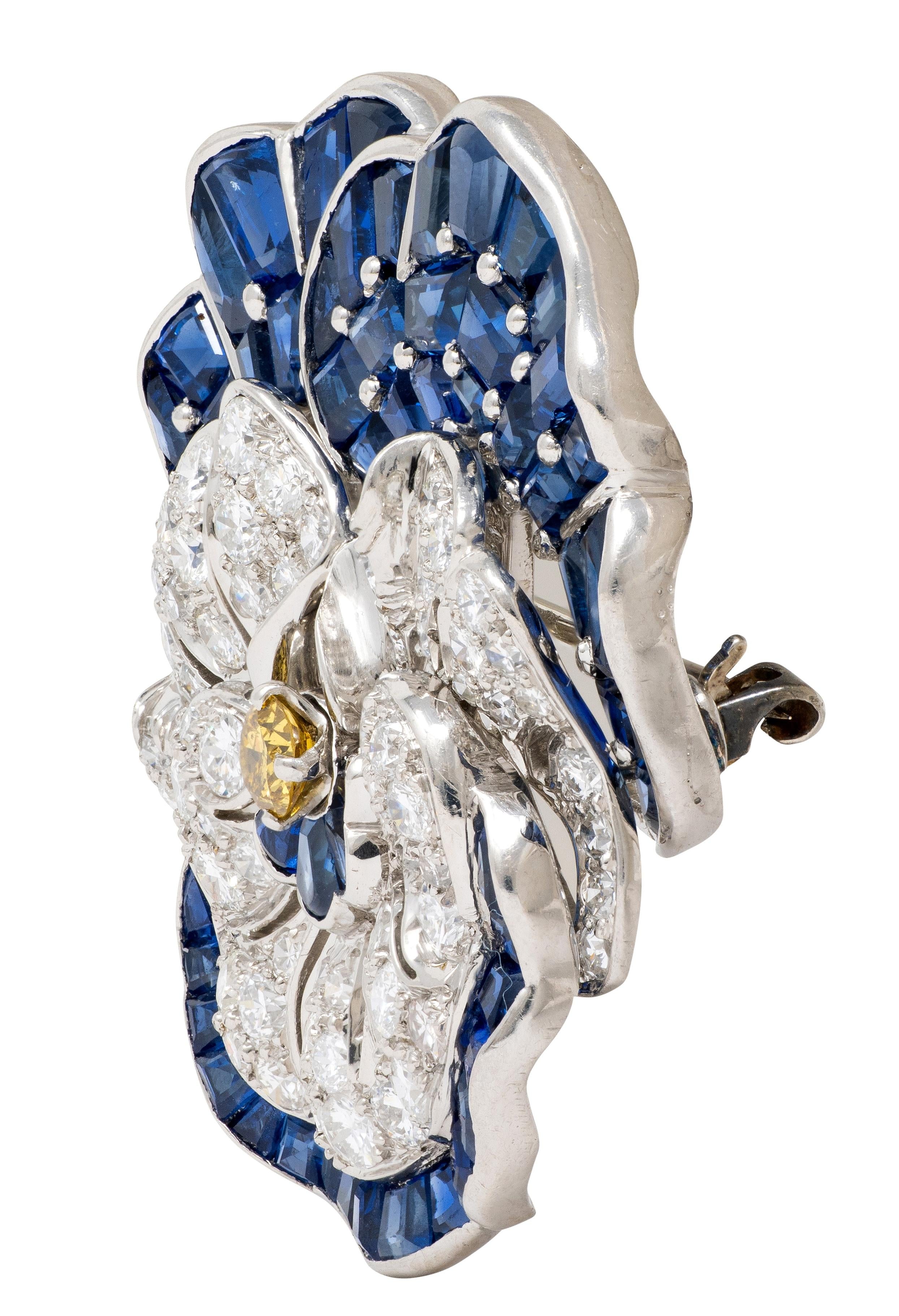 Vintage 1950's Diamond Sapphire Platinum Pansy Flower Brooch