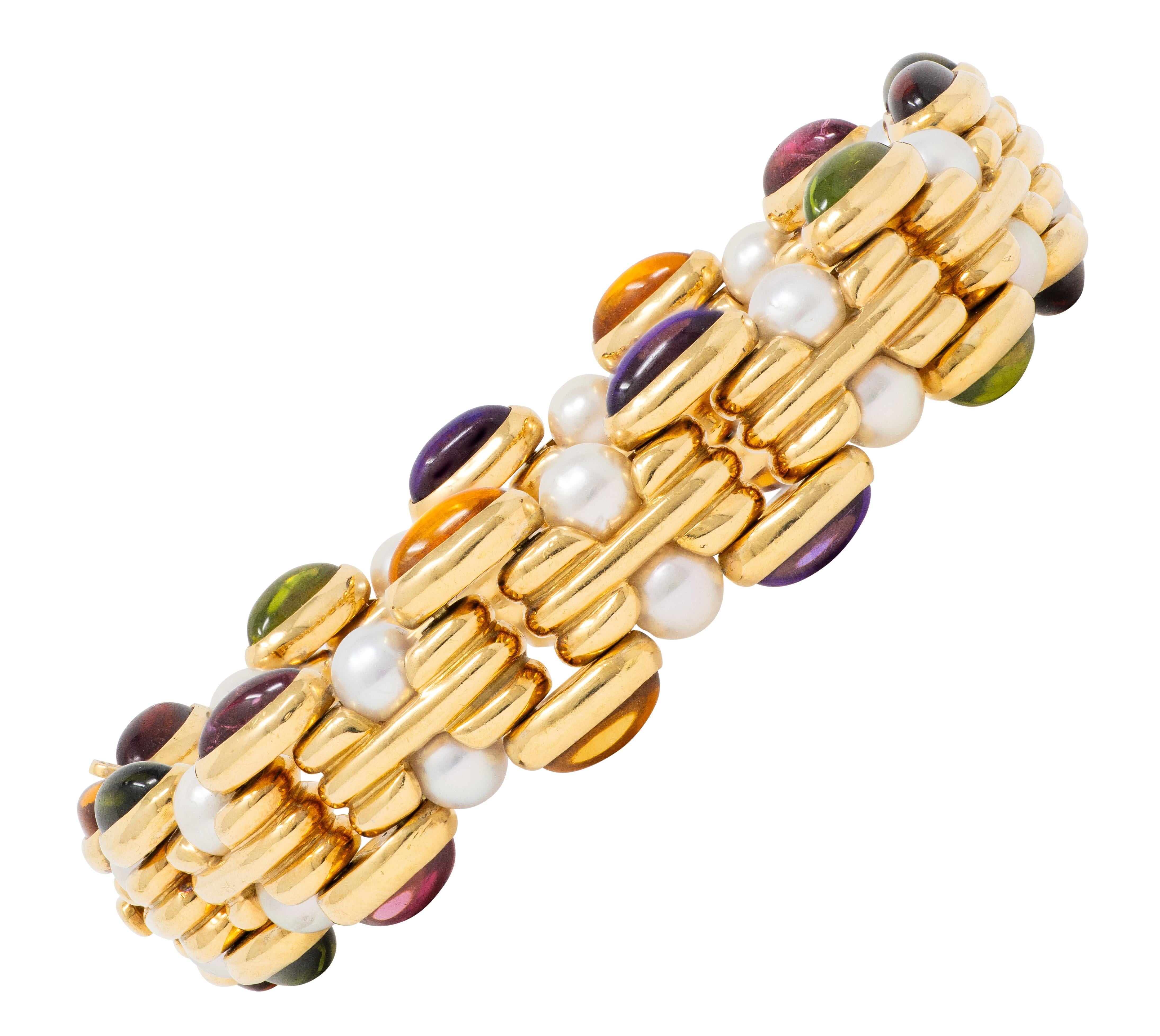 Bulgari 1980's Multi-Gem Citrine Pearl 18K Yellow Gold Vintage Link Bracelet