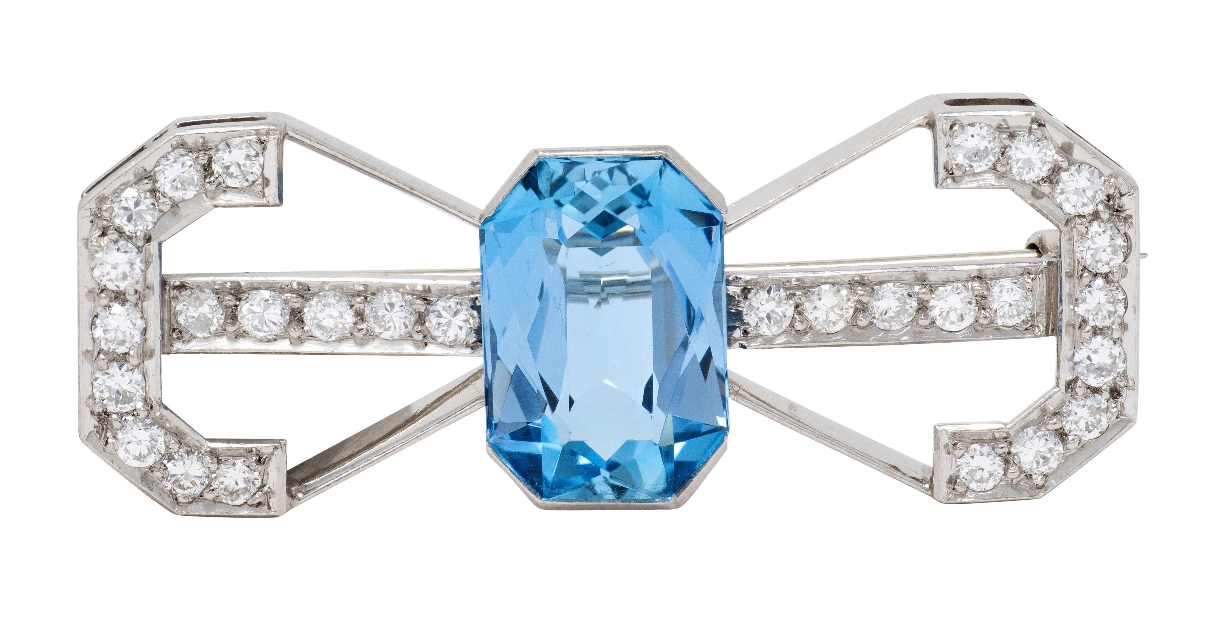 Art Deco 5.14 CTW Aquamarine Diamond Platinum Vintage Bow-Tie Brooch
