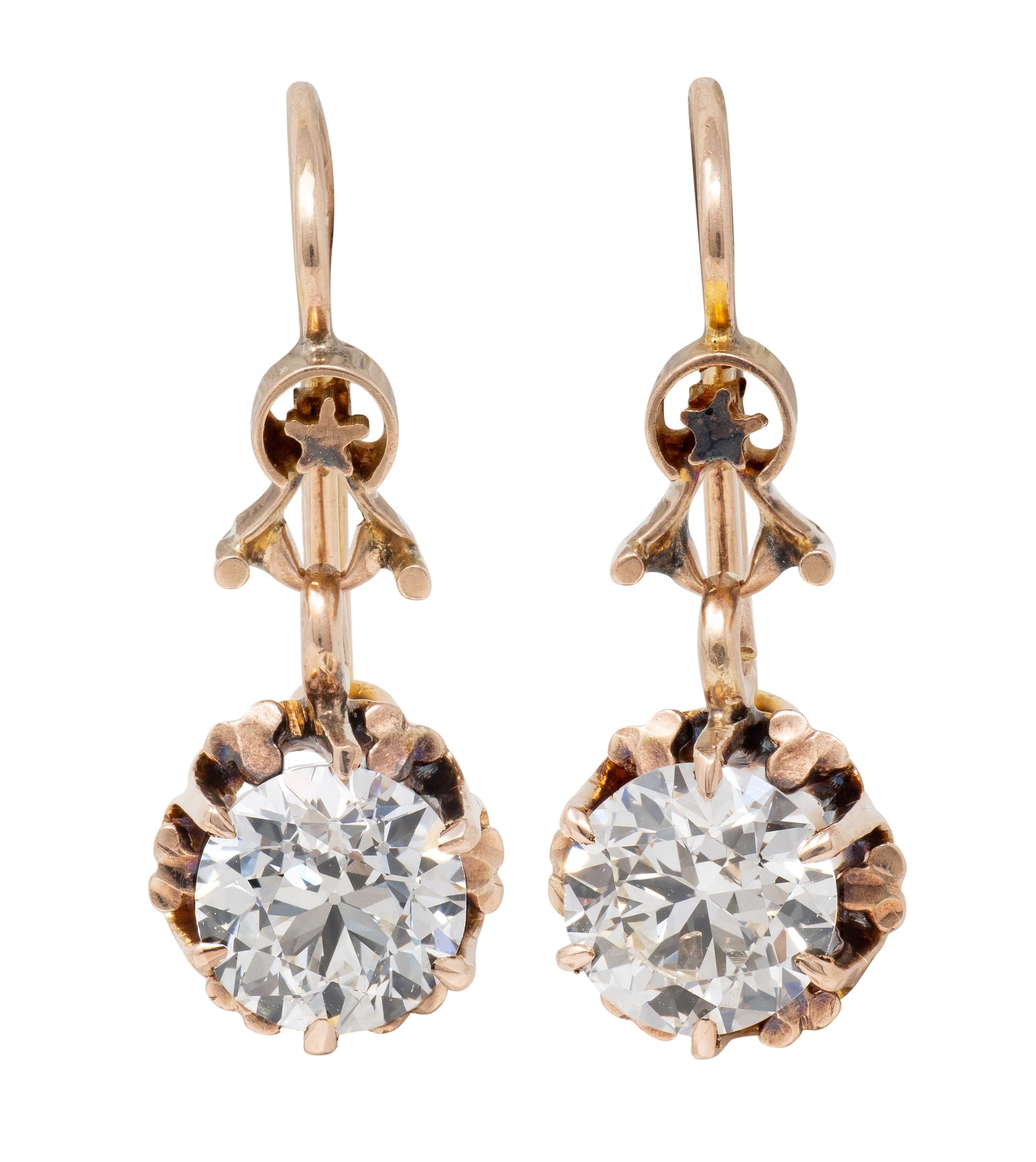 Victorian 2.08 CTW Diamond 14 Karat Rose Gold Antique Belcher Drop Earrings