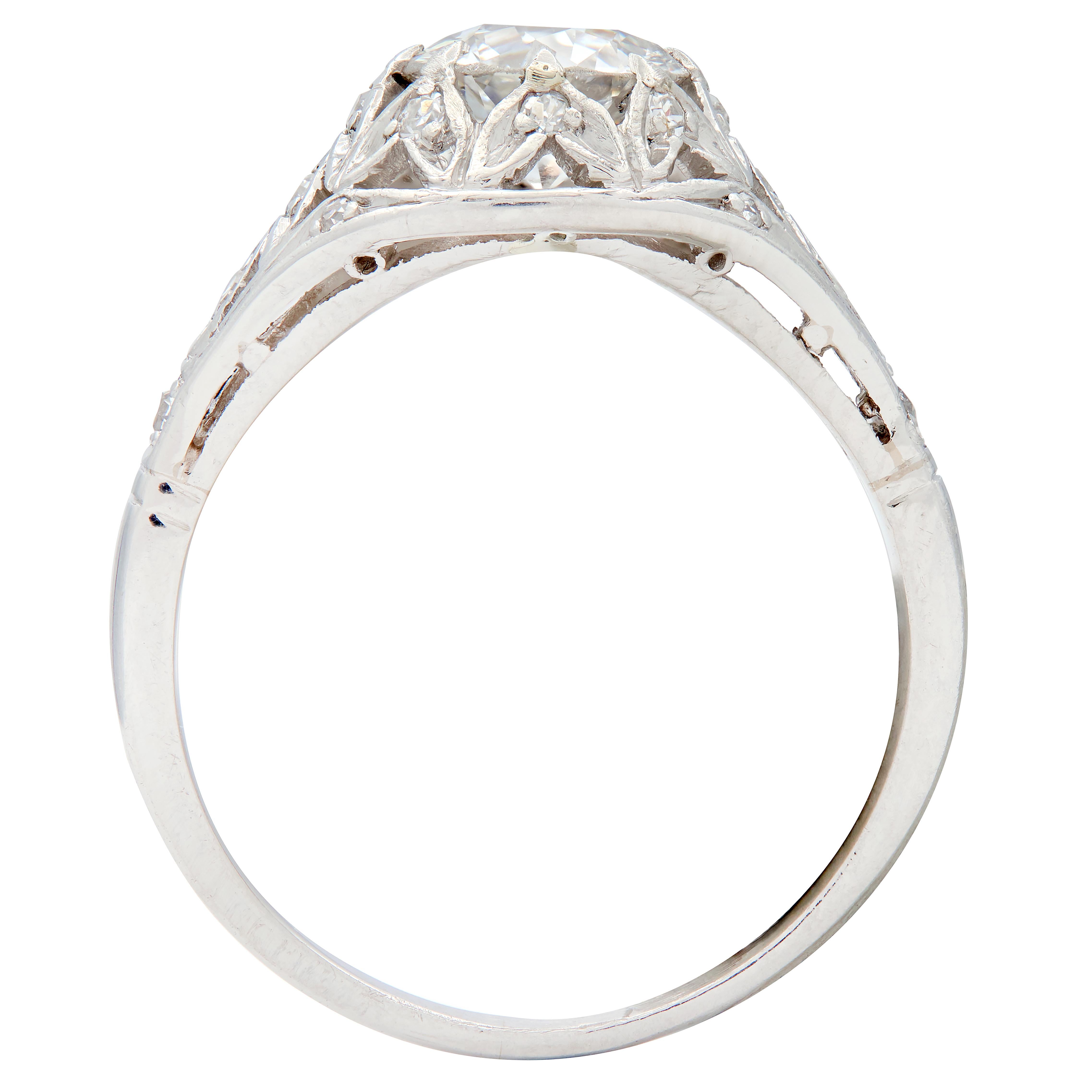 Art Deco 1.39 CTW Diamond Platinum Foliate Vintage Engagement Ring GIA