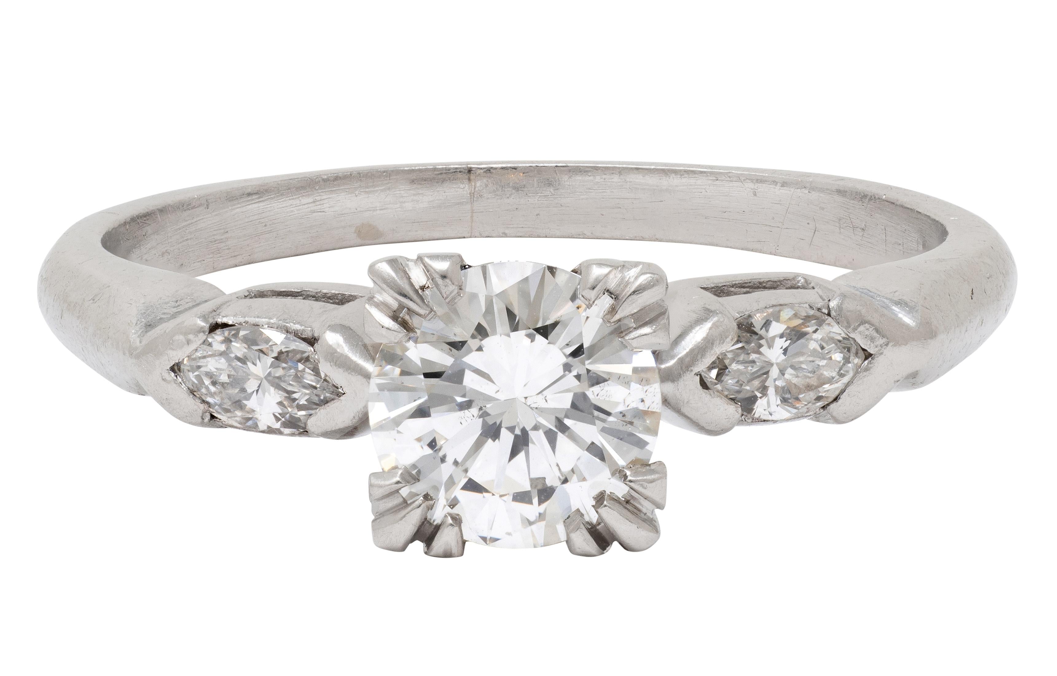 Mid-Century 0.82 CTW Diamond Platinum Marquise Three Stone Engagement Ring GIA