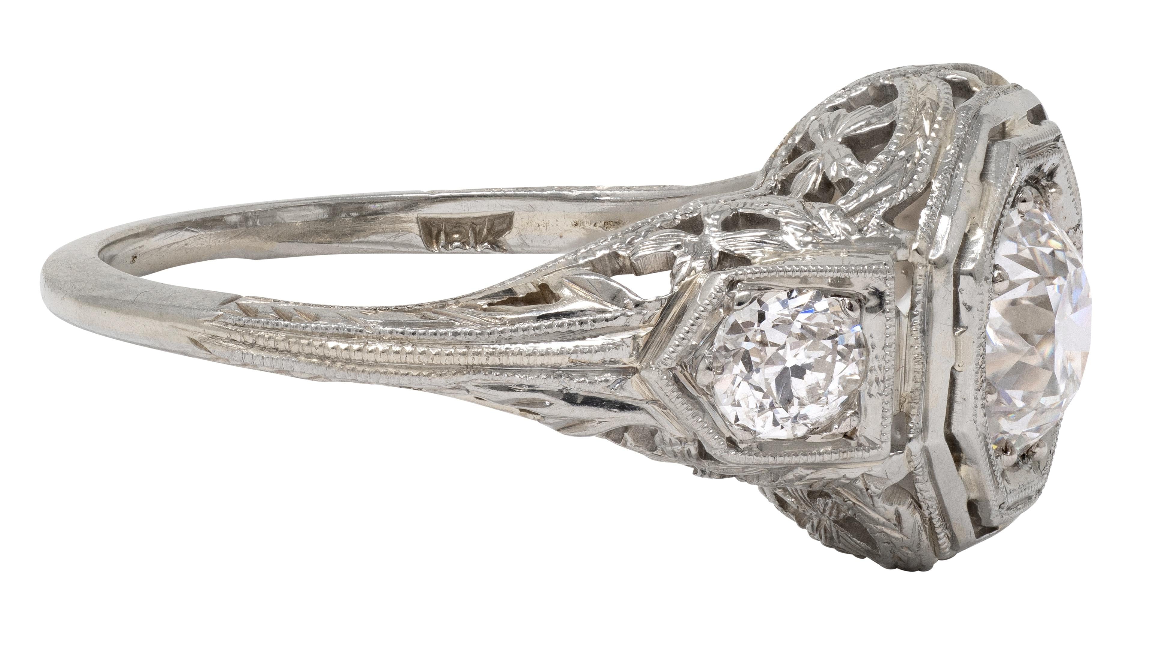 Art Deco Old European Diamond 18 Karat White Gold Vintage Engagement Ring GIA