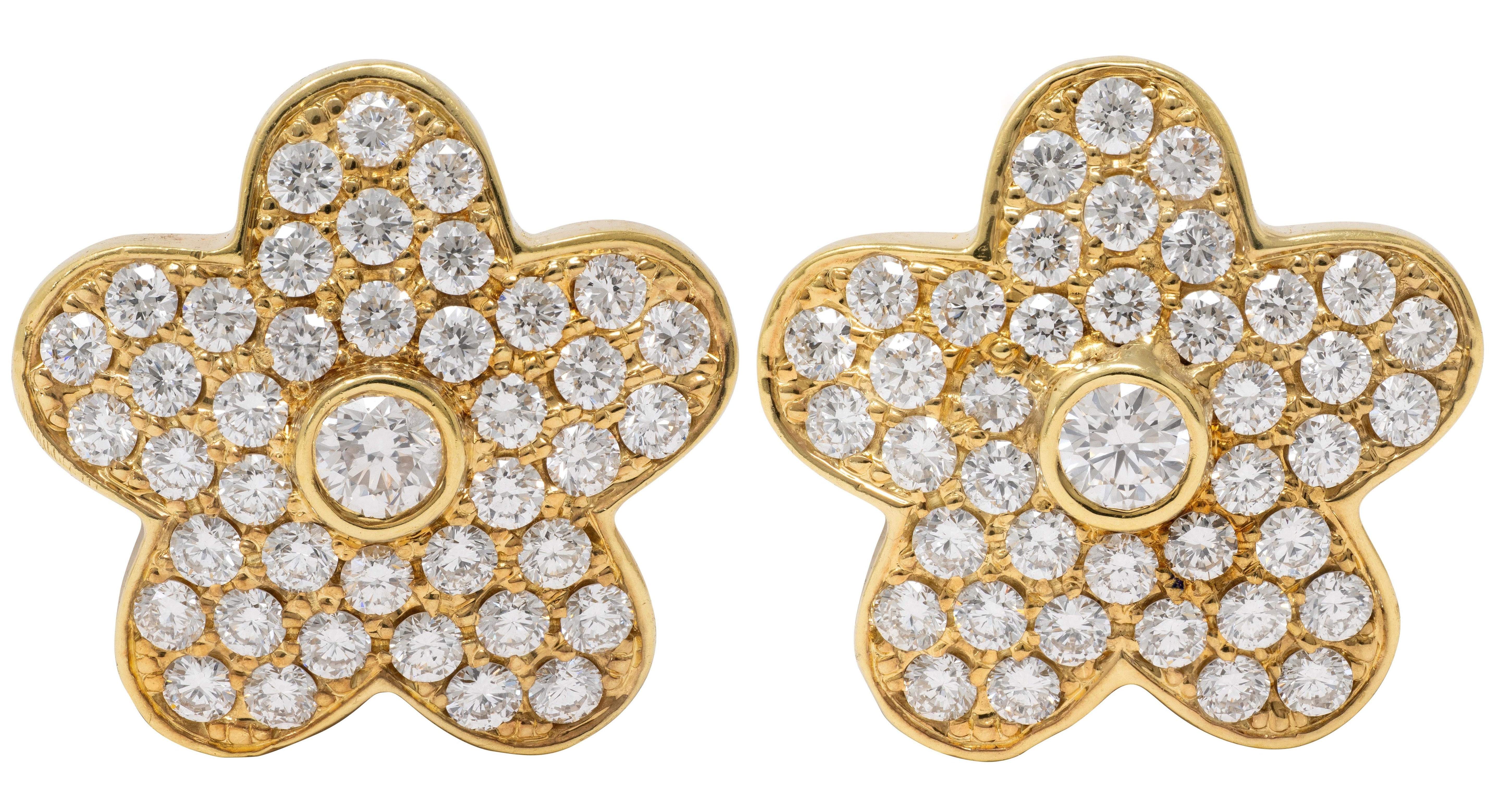 2000's 1.90 CTW Diamond 18 Karat Yellow Gold Contemporary Flower Earrings