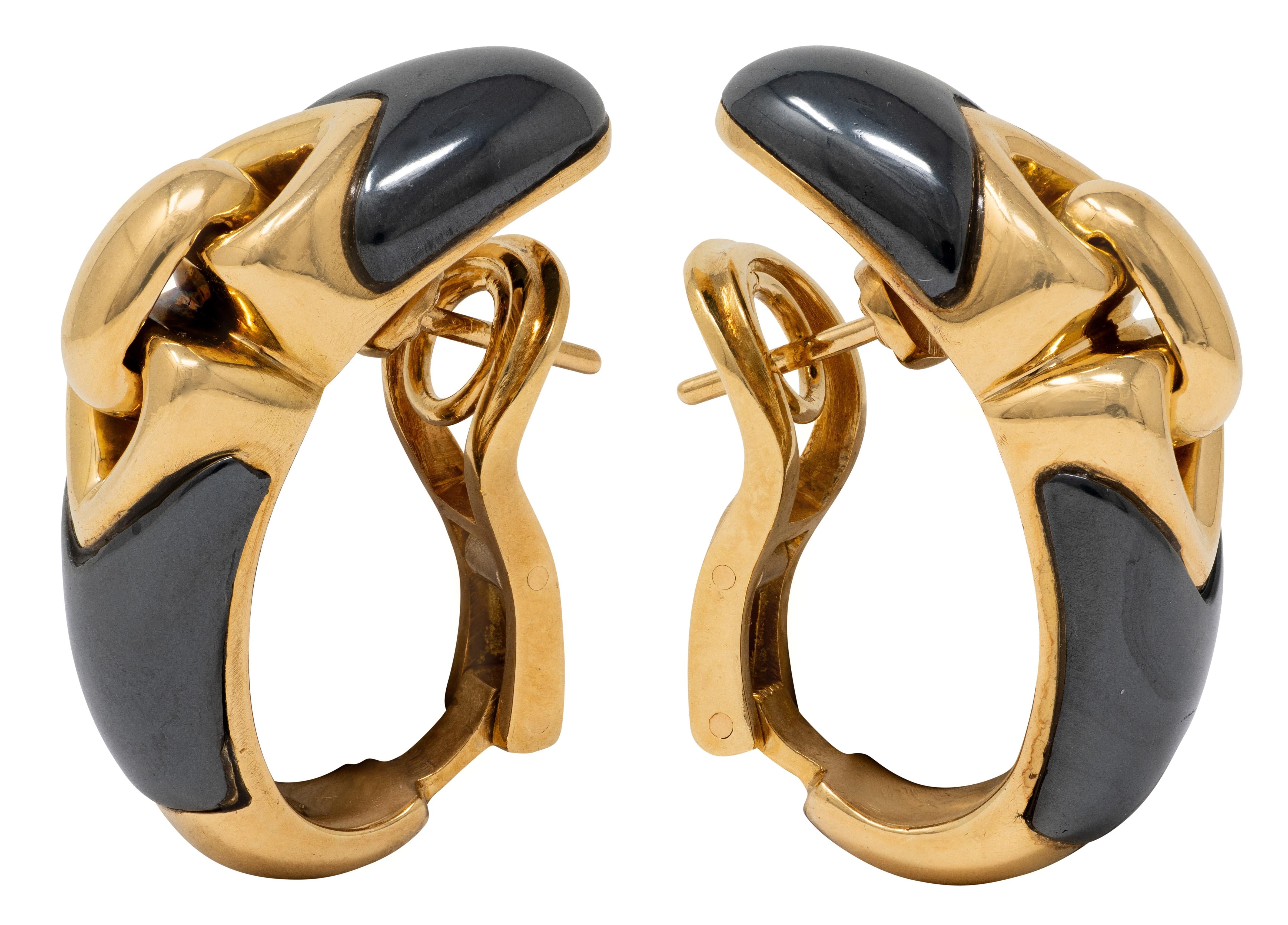 Bulgari 1980's Hematite 18 Karat Yellow Gold Vintage Doppio Cuore Earrings