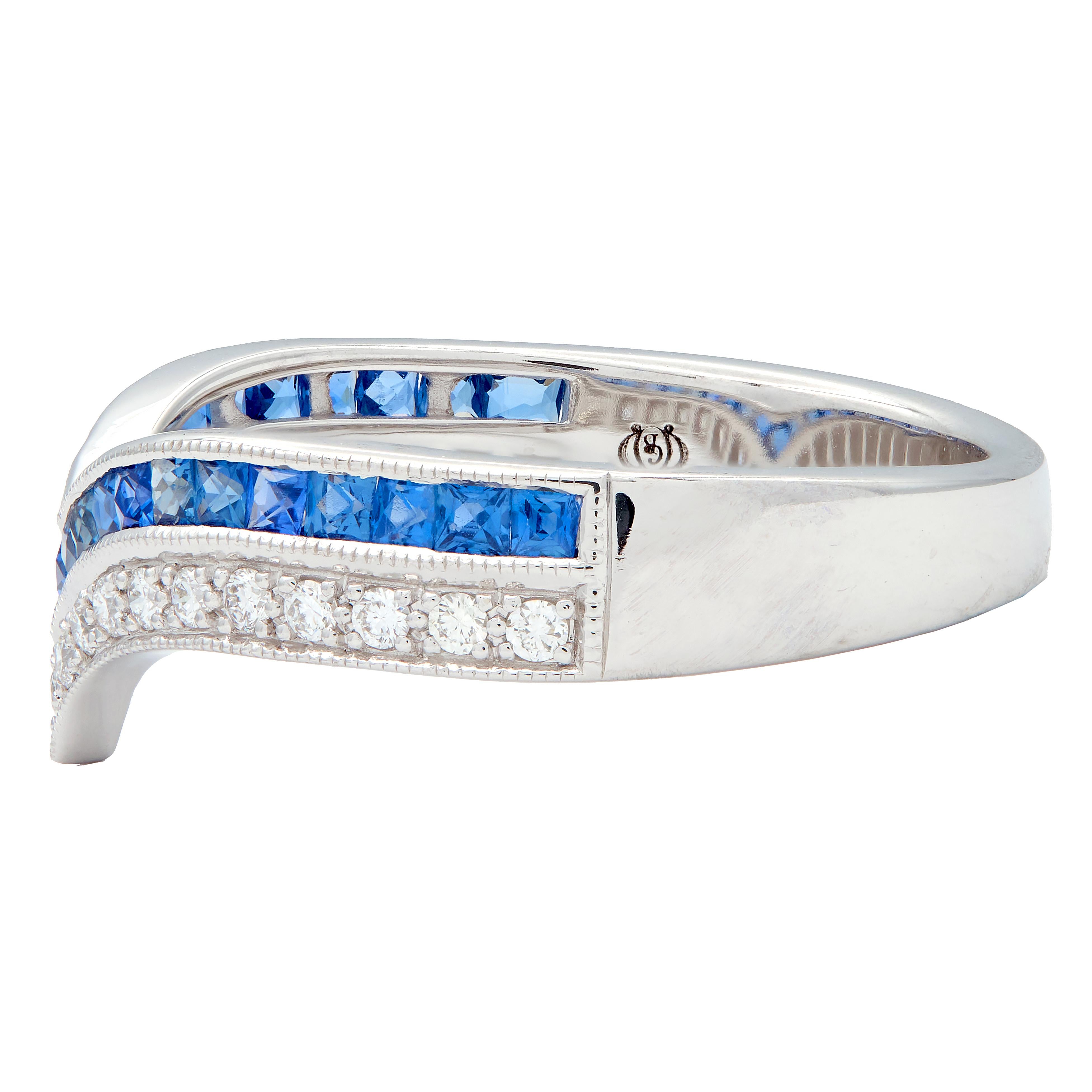 Contemporary French Cut Sapphire Diamond 14K Gold Chevron Contour Band Ring