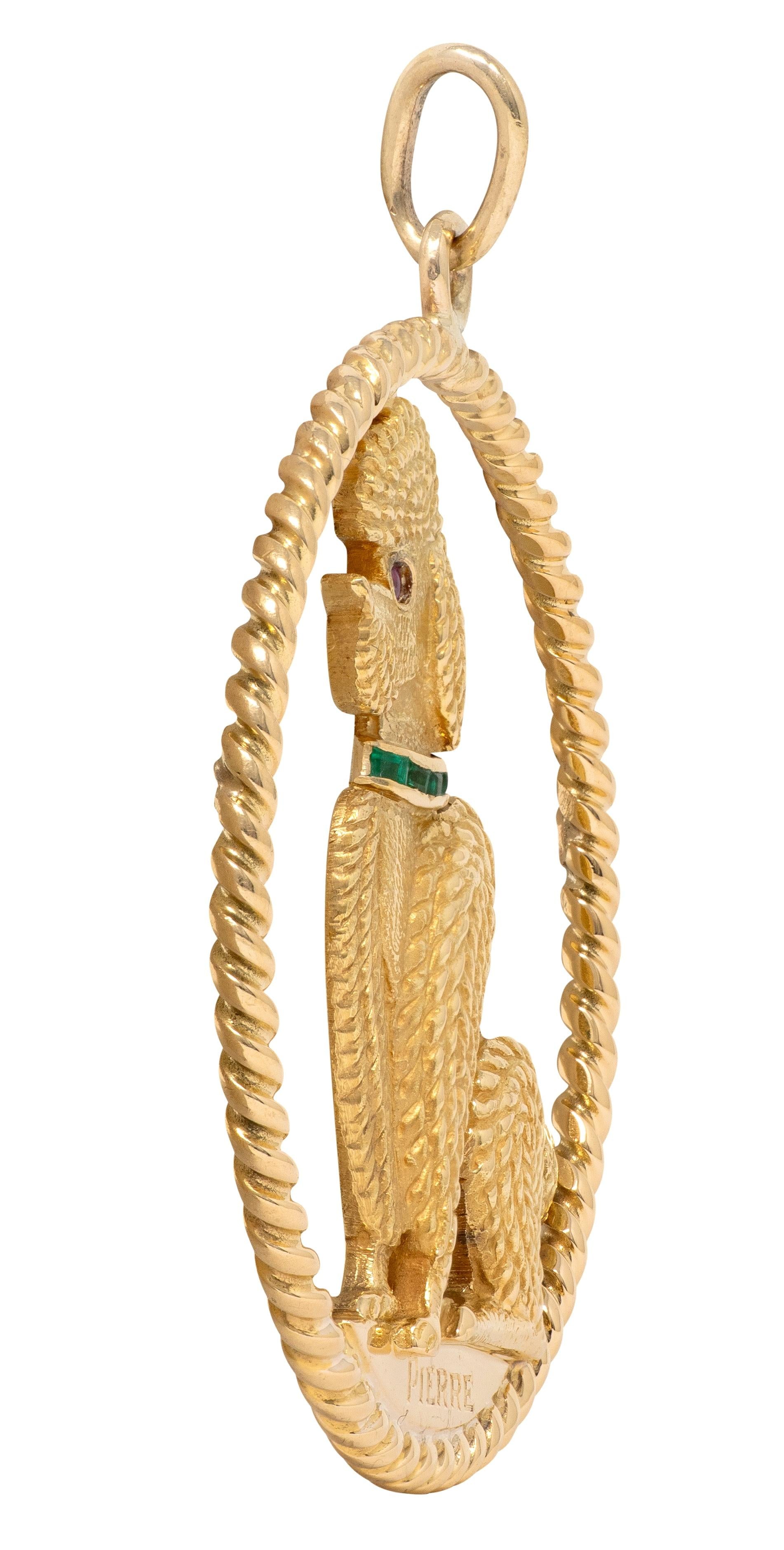 Cartier 1950's Emerald Ruby 18 Karat Yellow Gold Vintage Poodle Dog Pendant