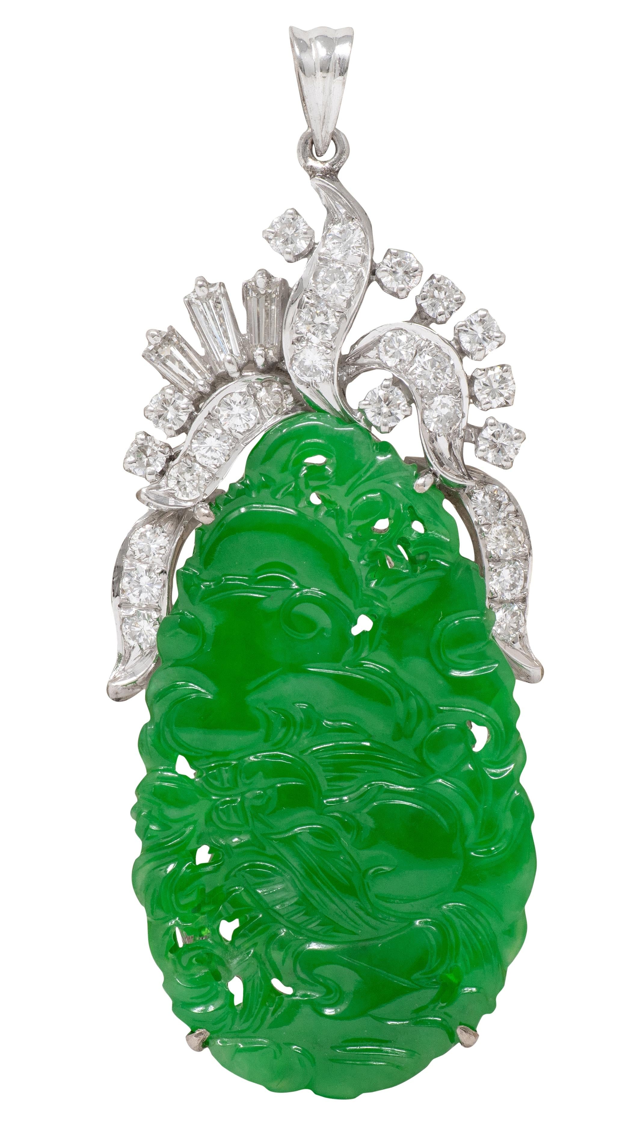 Jadeite Jade Diamond 18K White Gold Carved Dragon Pendant GIA