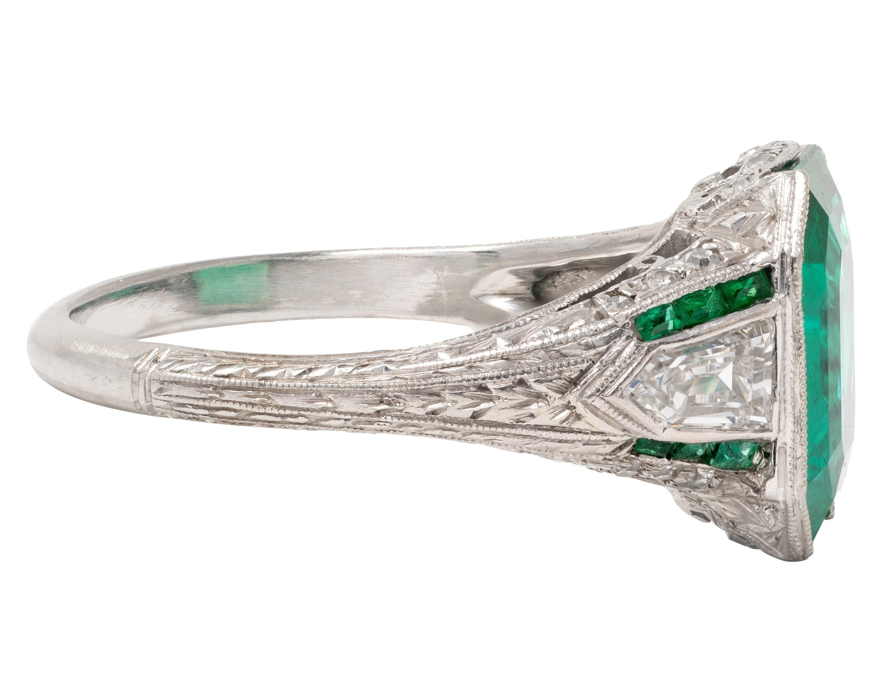 Art Deco 3.57 CTW Colombian Emerald Diamond Platinum Vintage Wheat Ring AGL