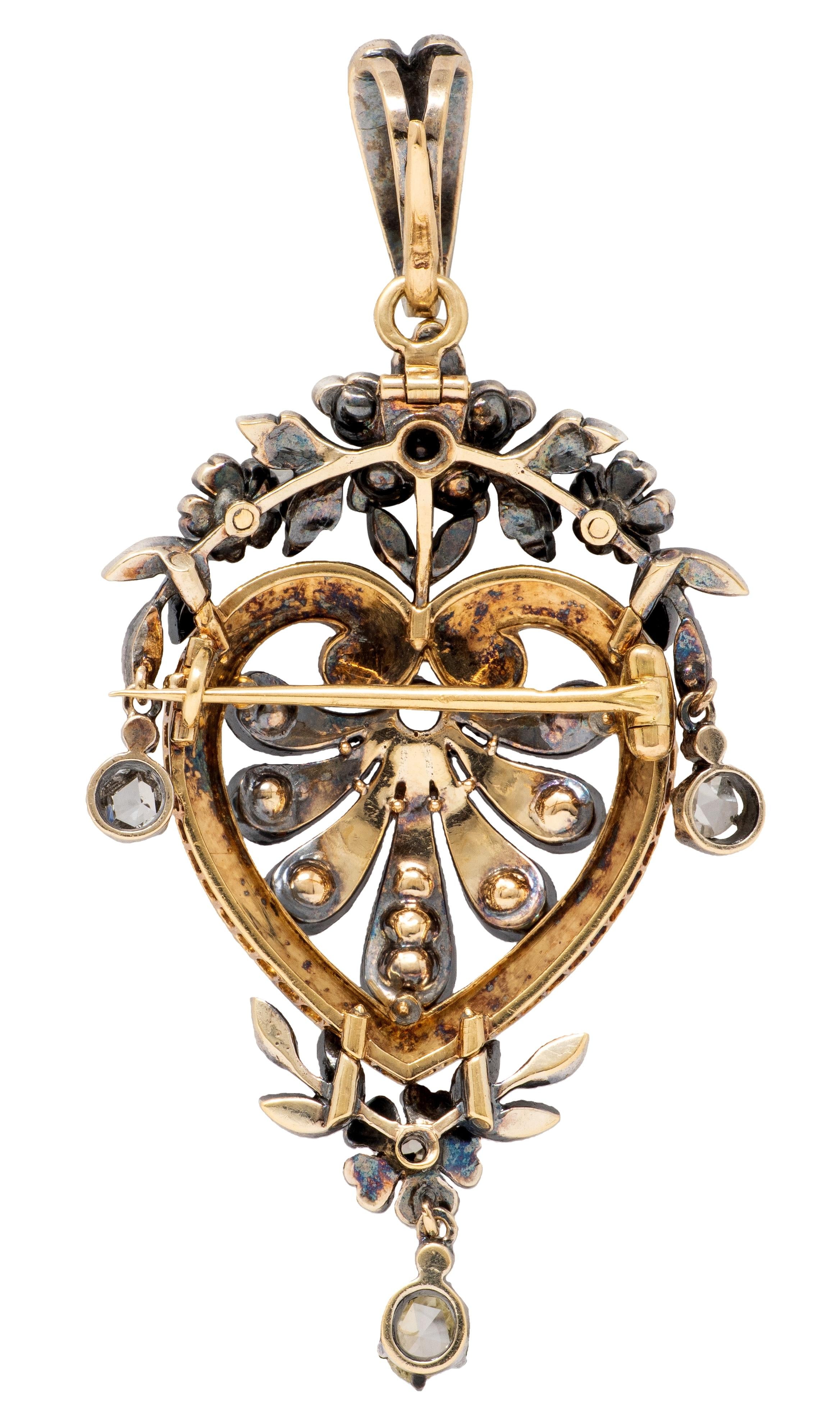 Victorian Multi-Gem Diamond 18K Yellow Gold Silver Antique Heart Pendant Brooch