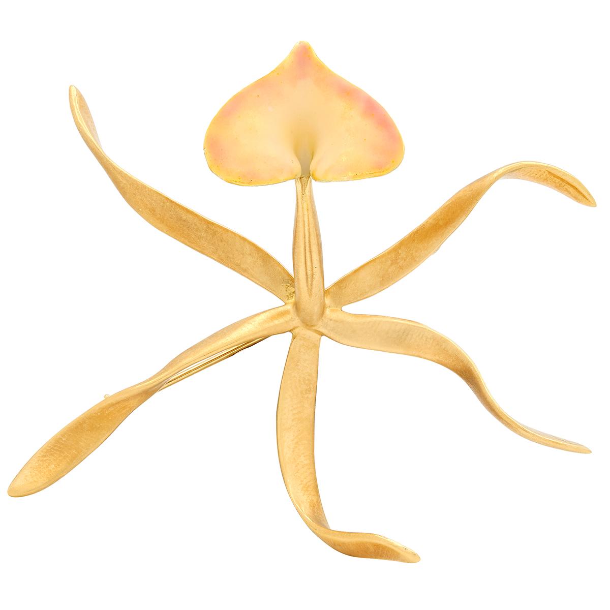 Angela Cummings 1988 Enamel 18 Karat Yellow Gold Vintage Orchid Flower Brooch