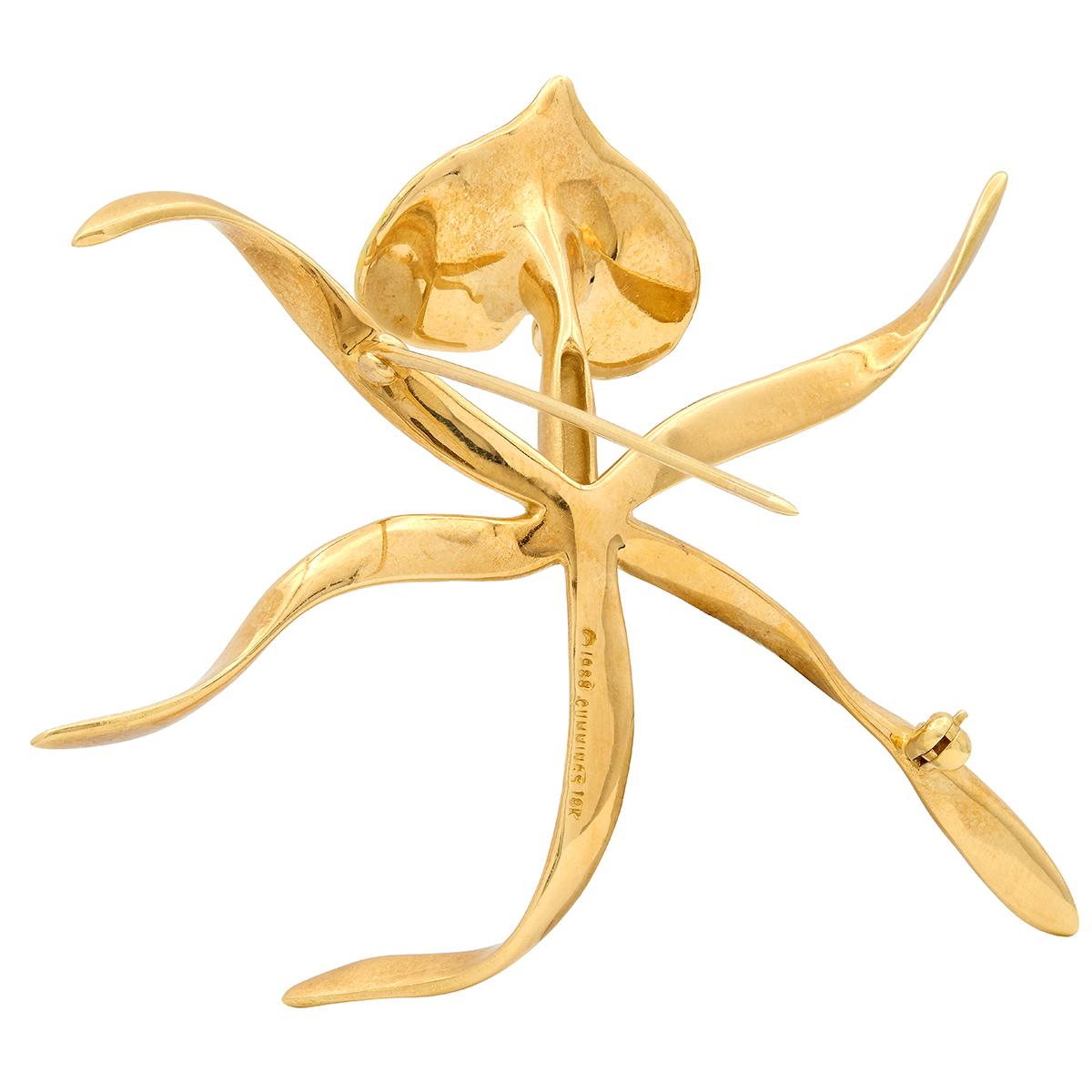 Angela Cummings 1988 Enamel 18 Karat Yellow Gold Vintage Orchid Flower Brooch