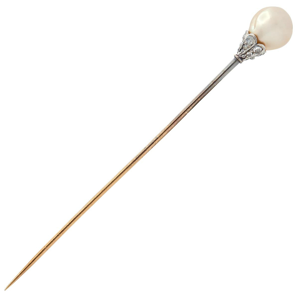 Edwardian Pearl Diamond 14 Karat Yellow Gold Platinum Antique Stickpin GIA