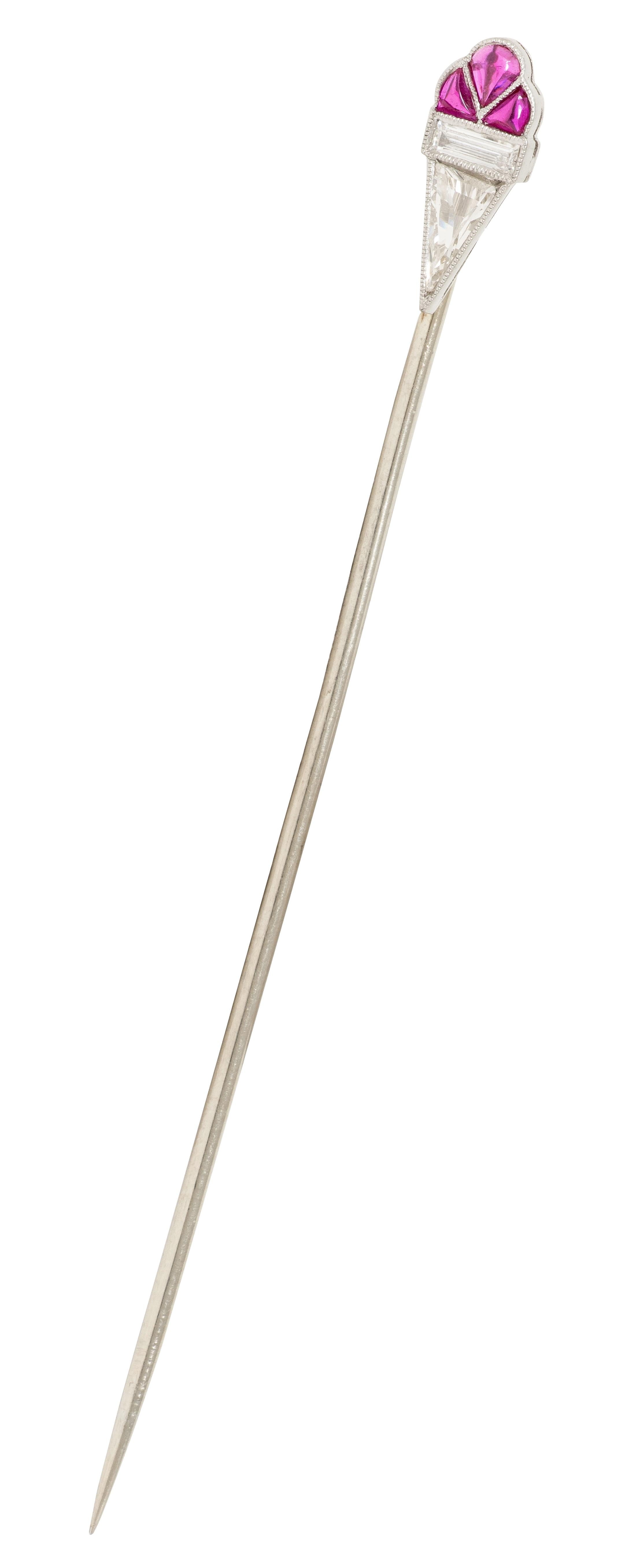 Art Deco Diamond Ruby 18 Karat White Gold Platinum Vintage Torch Stickpin