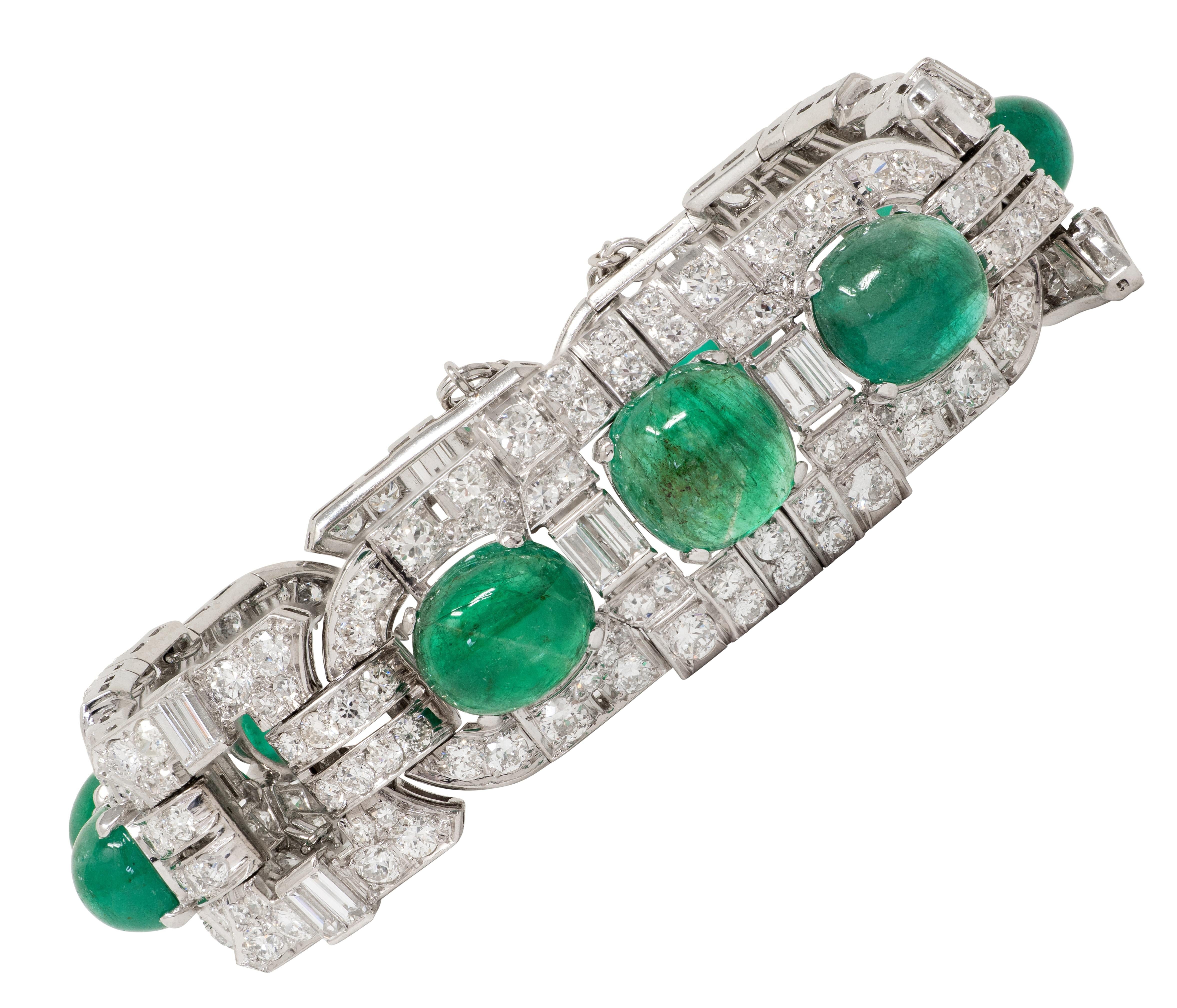 Art Deco 50.70 CTW Emerald Diamond Platinum Vintage Buckle Line Bracelet