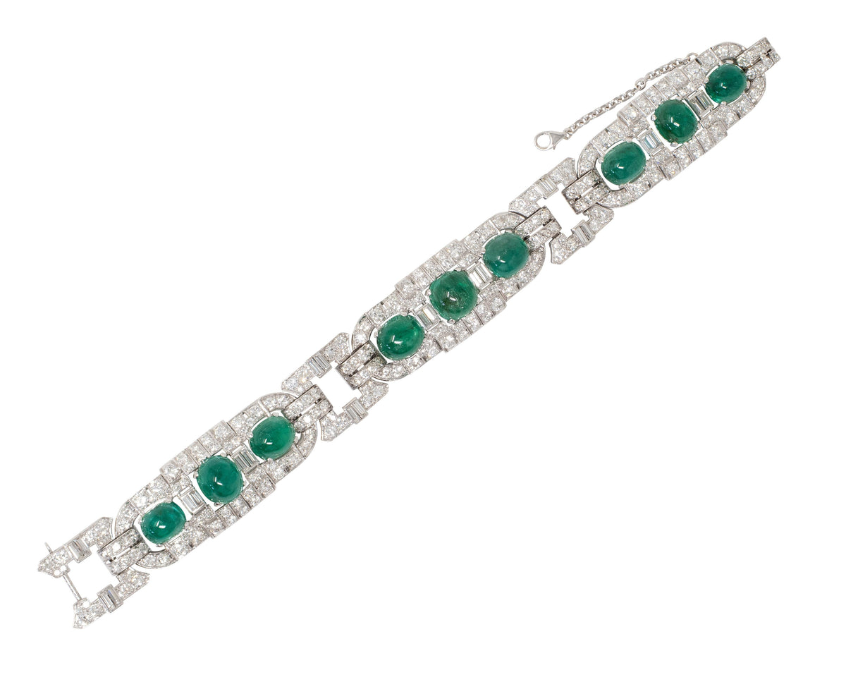 Art Deco 50.70 CTW Emerald Diamond Platinum Vintage Buckle Line Bracelet