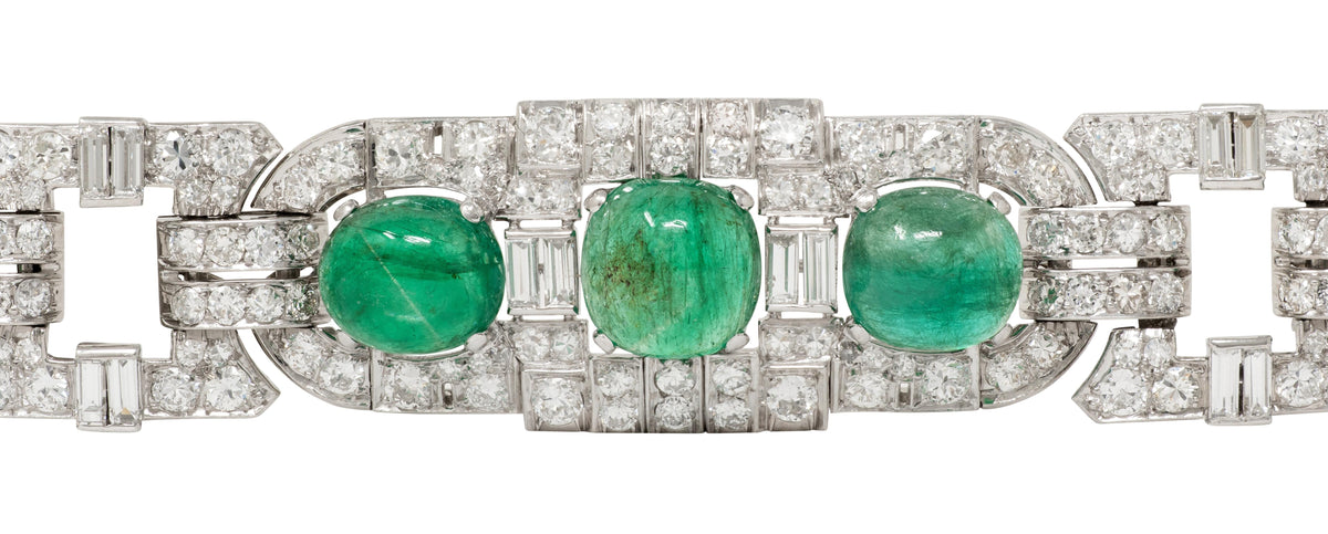 Art Deco 50.70 CTW Emerald Diamond Platinum Vintage Buckle Line Bracelet