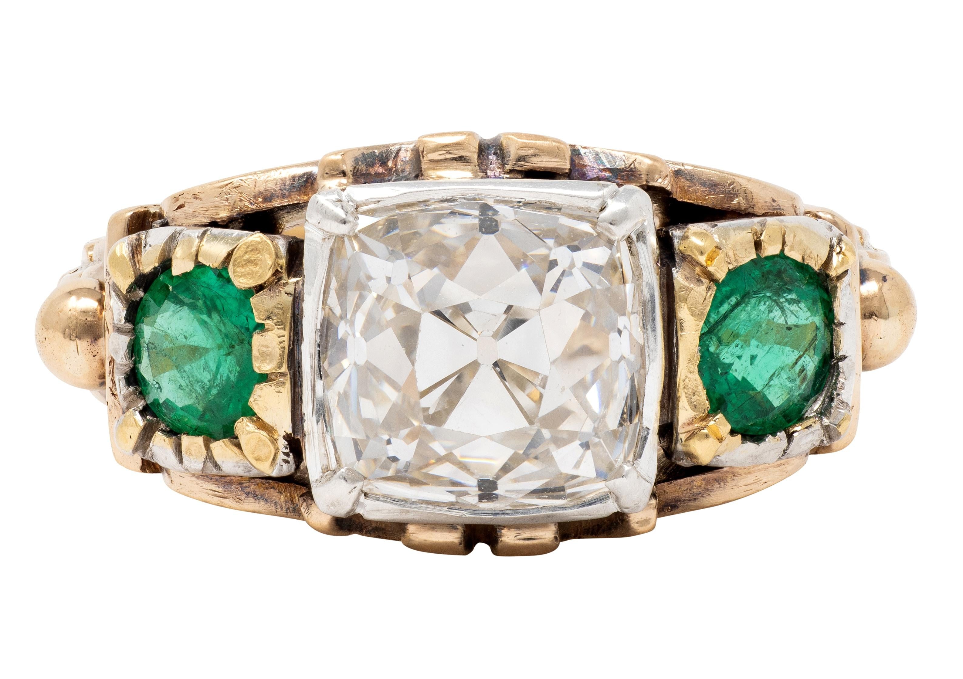 Early Victorian 3.92 CTW Peruzzi Cut Diamond Emerald 18 Karat Gold Antique Ring