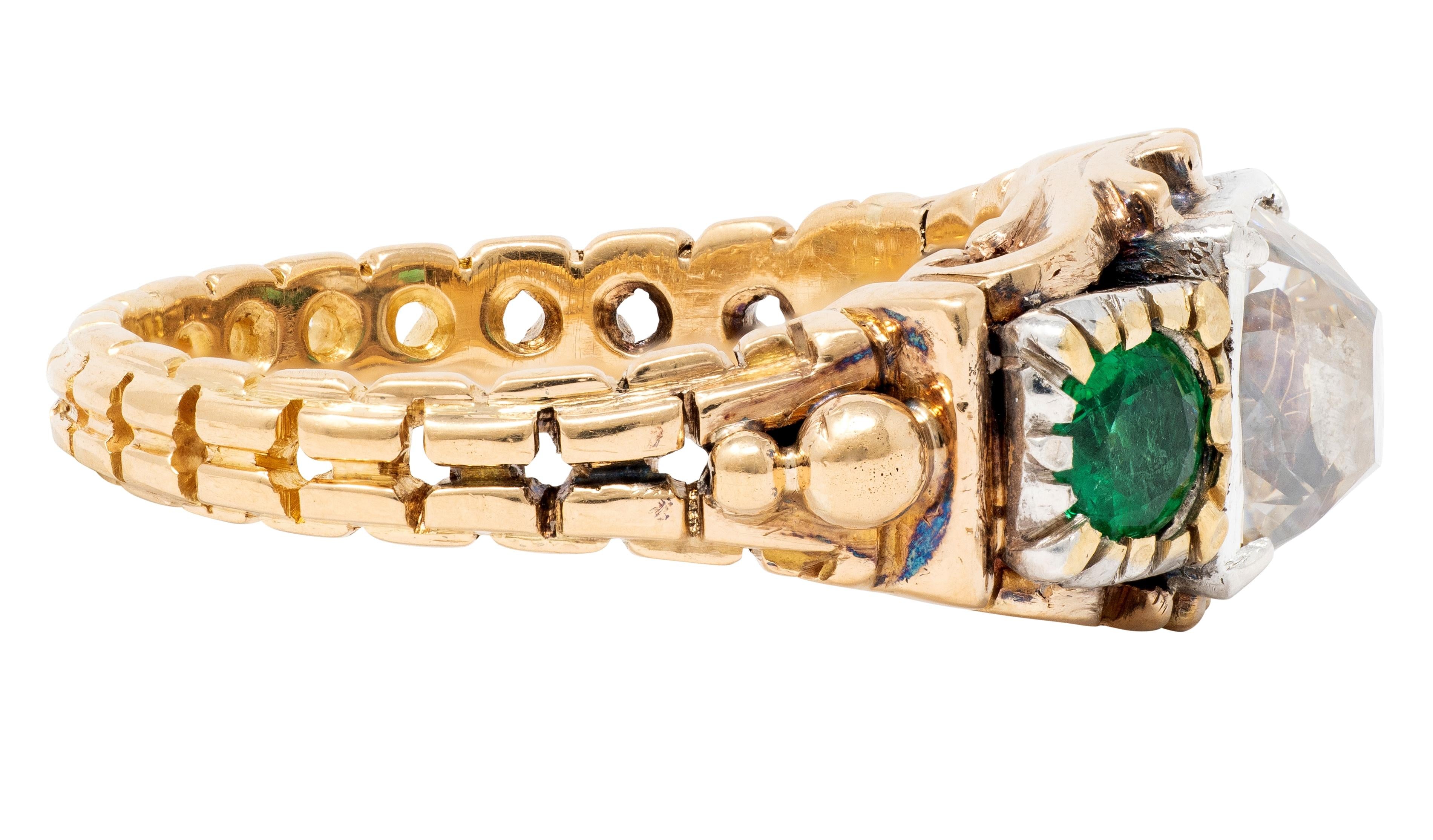 Early Victorian 3.92 CTW Peruzzi Cut Diamond Emerald 18 Karat Gold Antique Ring