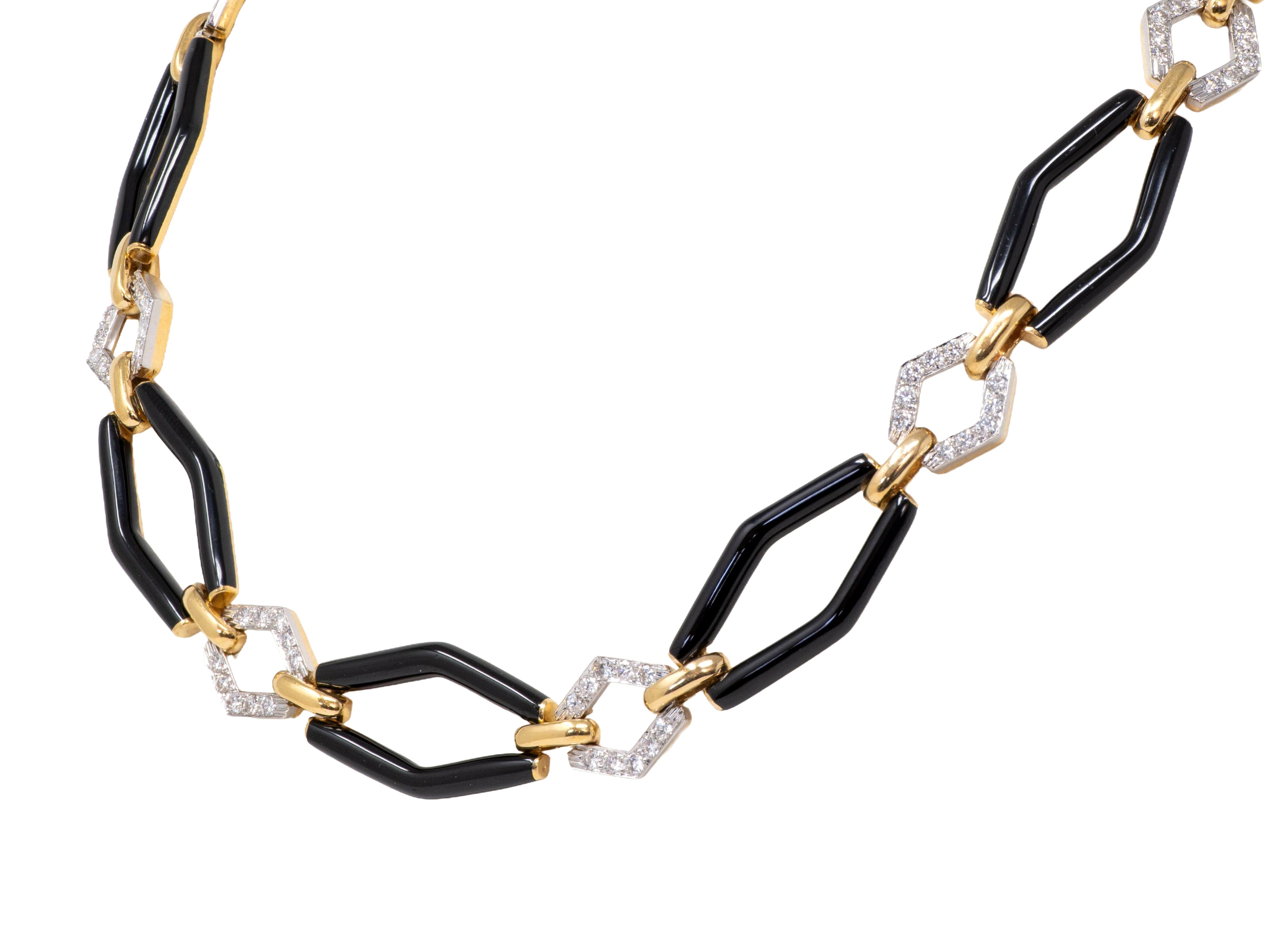 David Webb 1980's Diamond Enamel 18 Karat Yellow Gold Platinum Vintage Navette Link Necklace