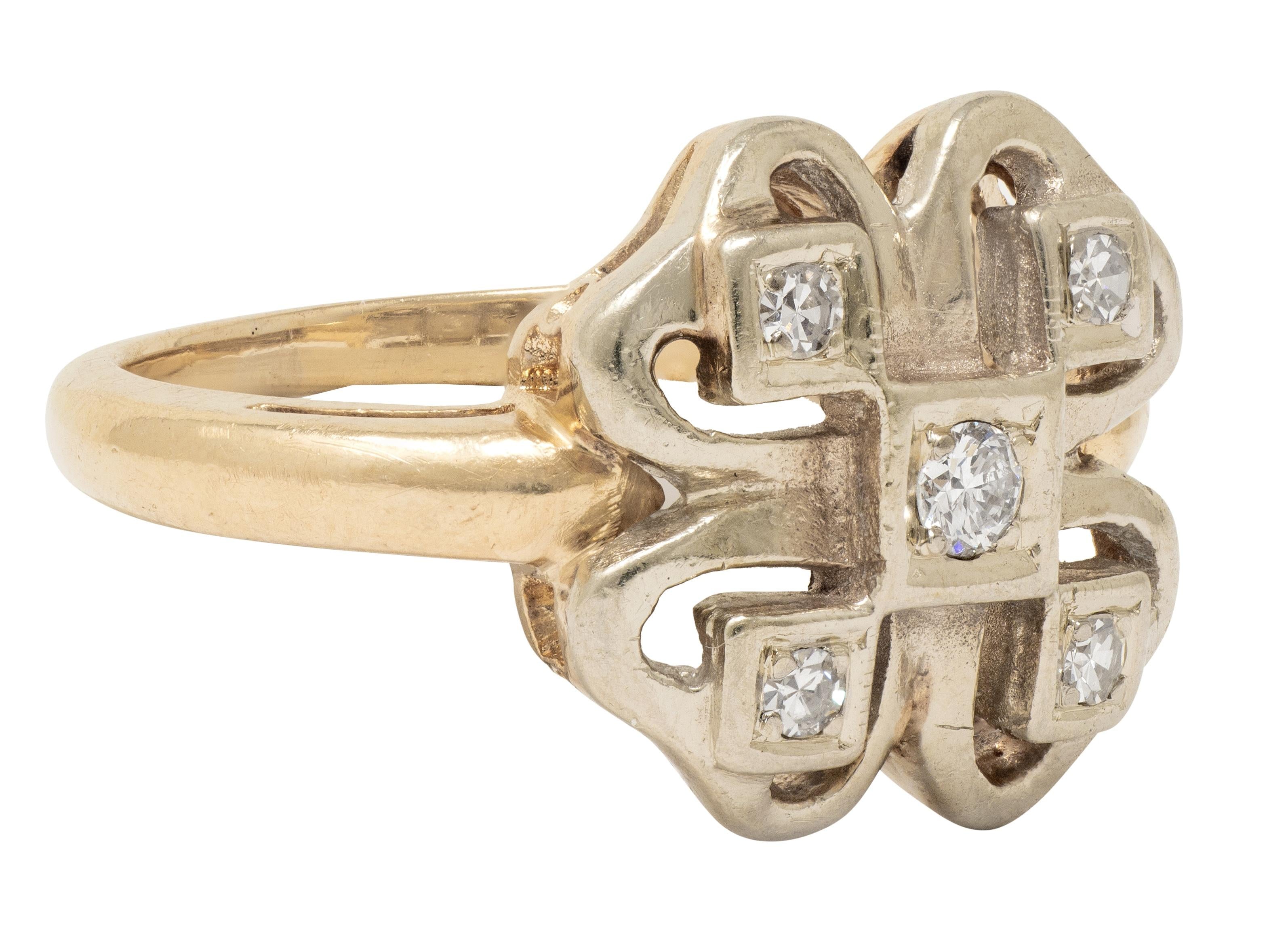 Retro Diamond 14 Karat Two-Tone Gold Vintage Four Leaf Clover Dinner Ring