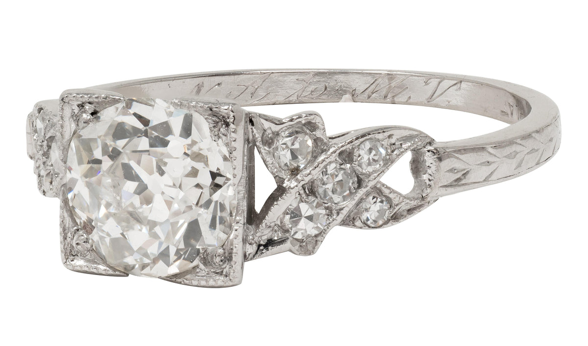 Art Deco 1.37 CTW Old European Diamond Platinum Ribbon Vintage Engagement Ring