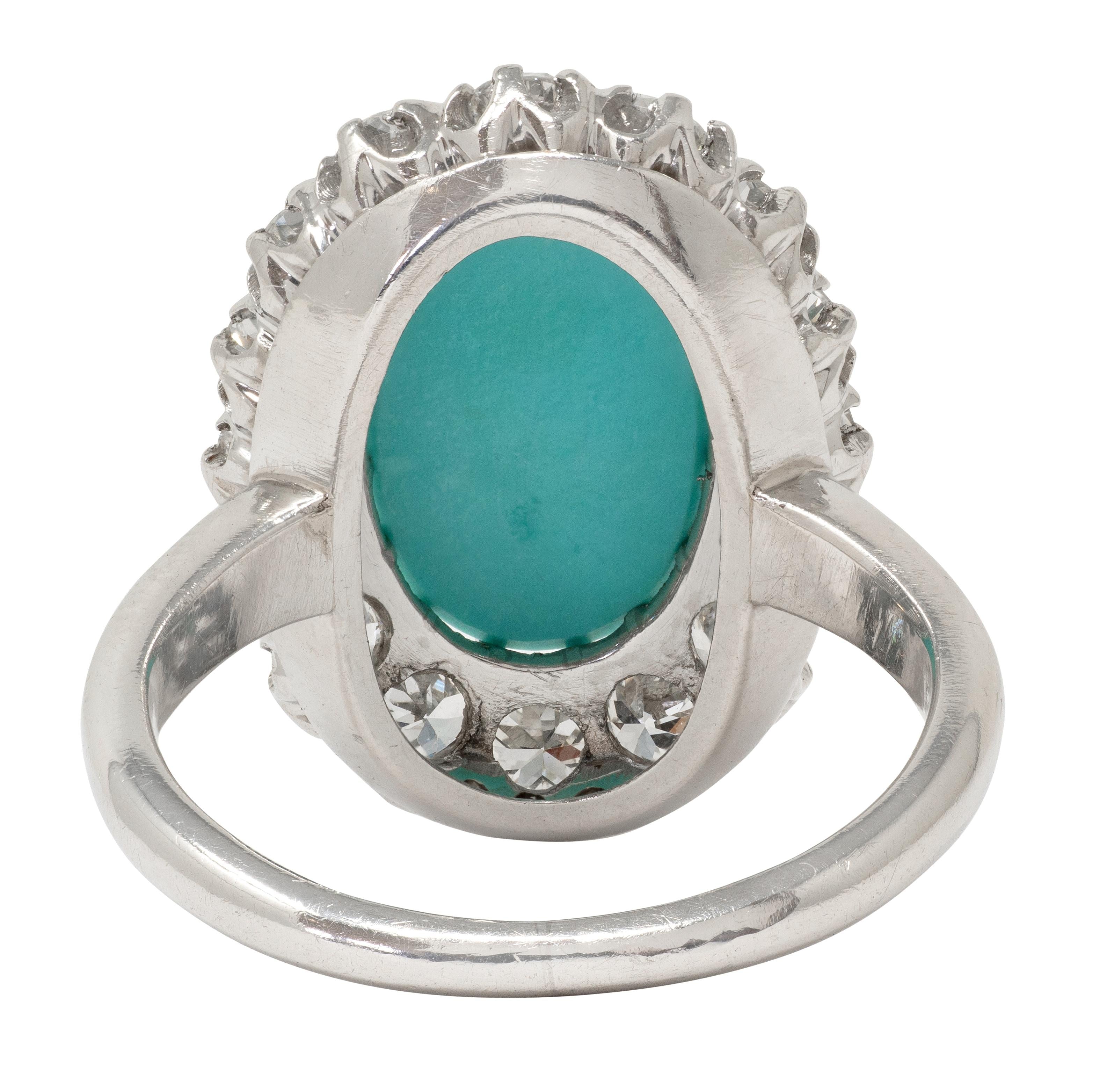 Art Deco 1.12 CTW Turquoise Cabochon Diamond Platinum Vintage Halo Ring