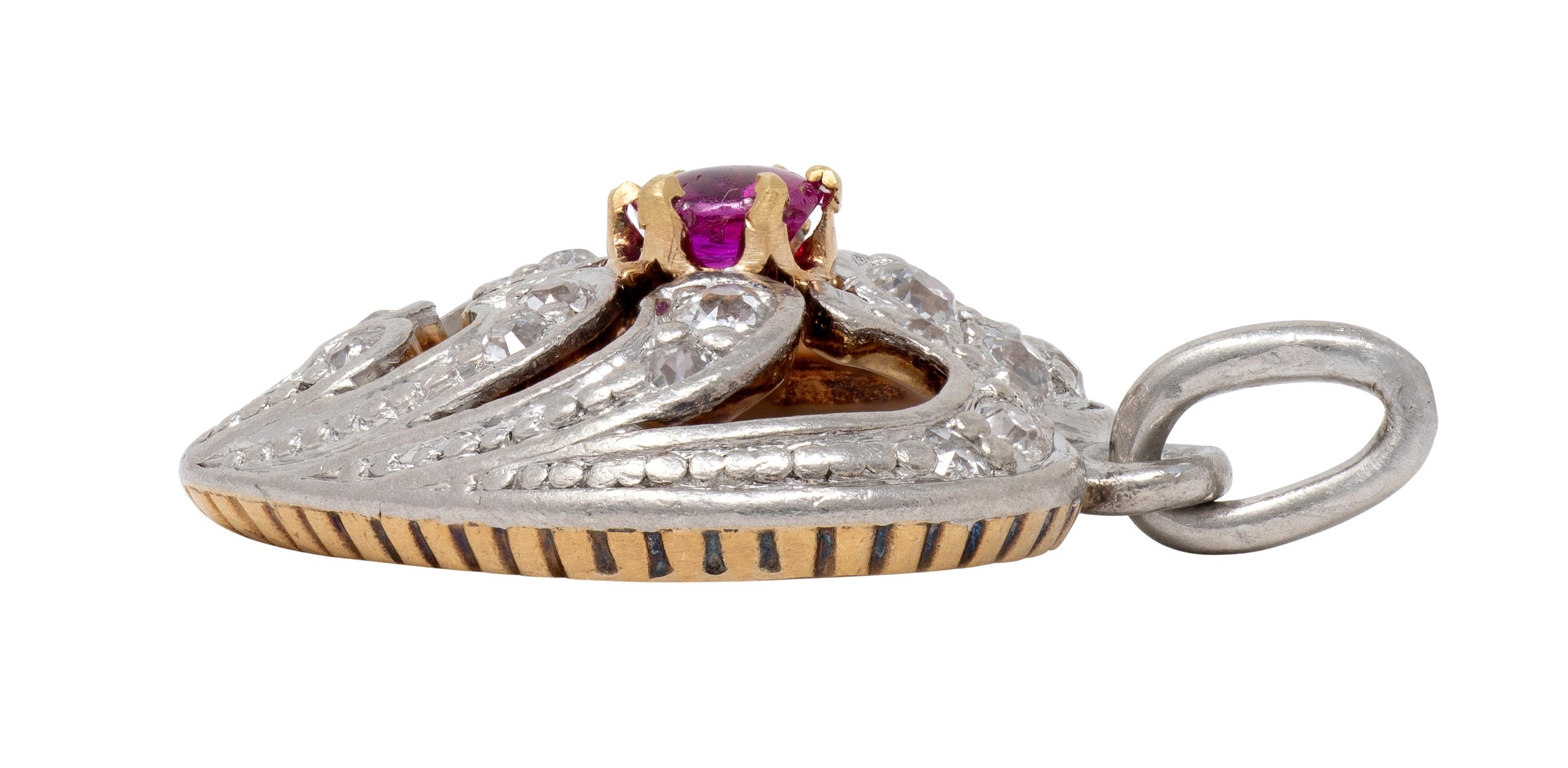 Edwardian Ruby Diamond Platinum-Topped 18 Karat Yellow Gold Antique Heart Charm