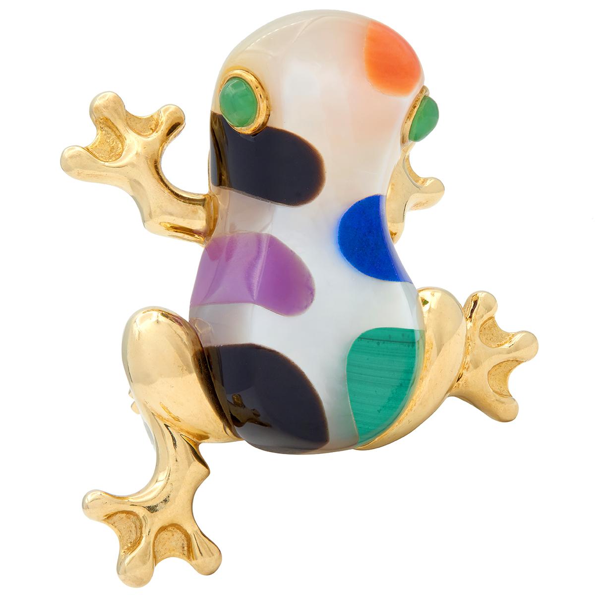 Asch Grossbardt 1980's Multi-Gem 14 Karat Yellow Gold Vintage Inlay Frog Brooch
