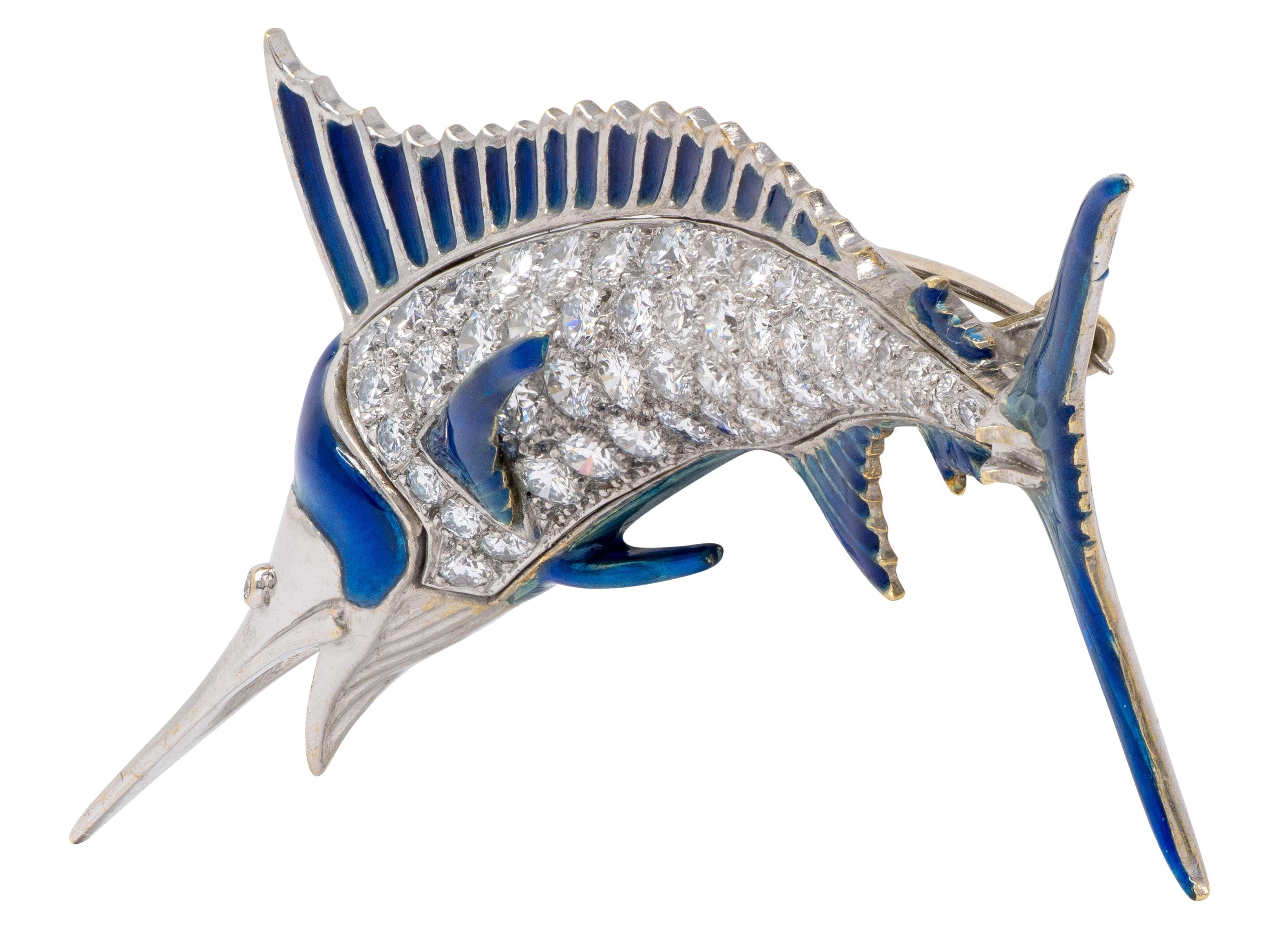 1950's Diamond Enamel 18 Karat White Gold Vintage Blue Marlin Fish Brooch