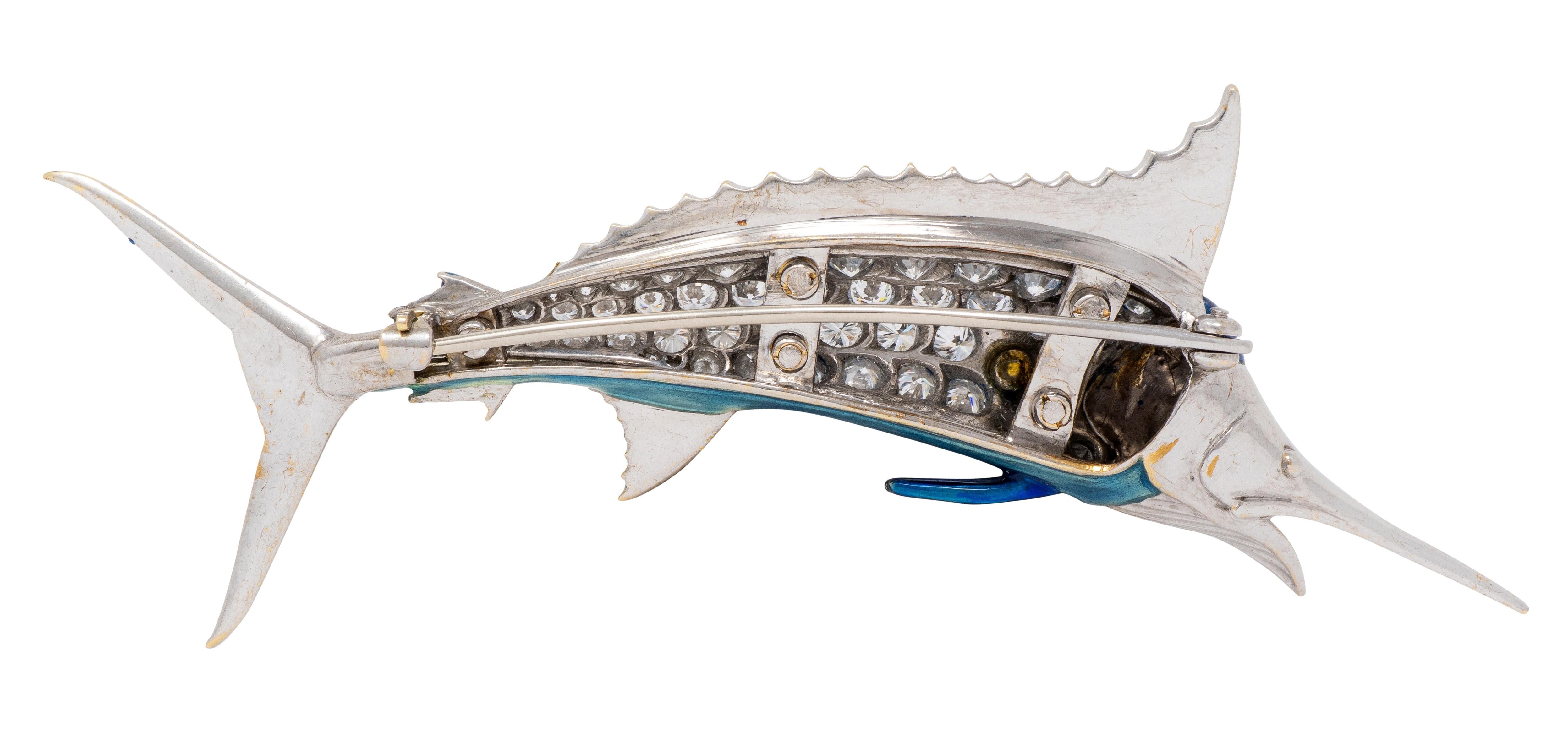 1950's Diamond Enamel 18 Karat White Gold Vintage Blue Marlin Fish Brooch