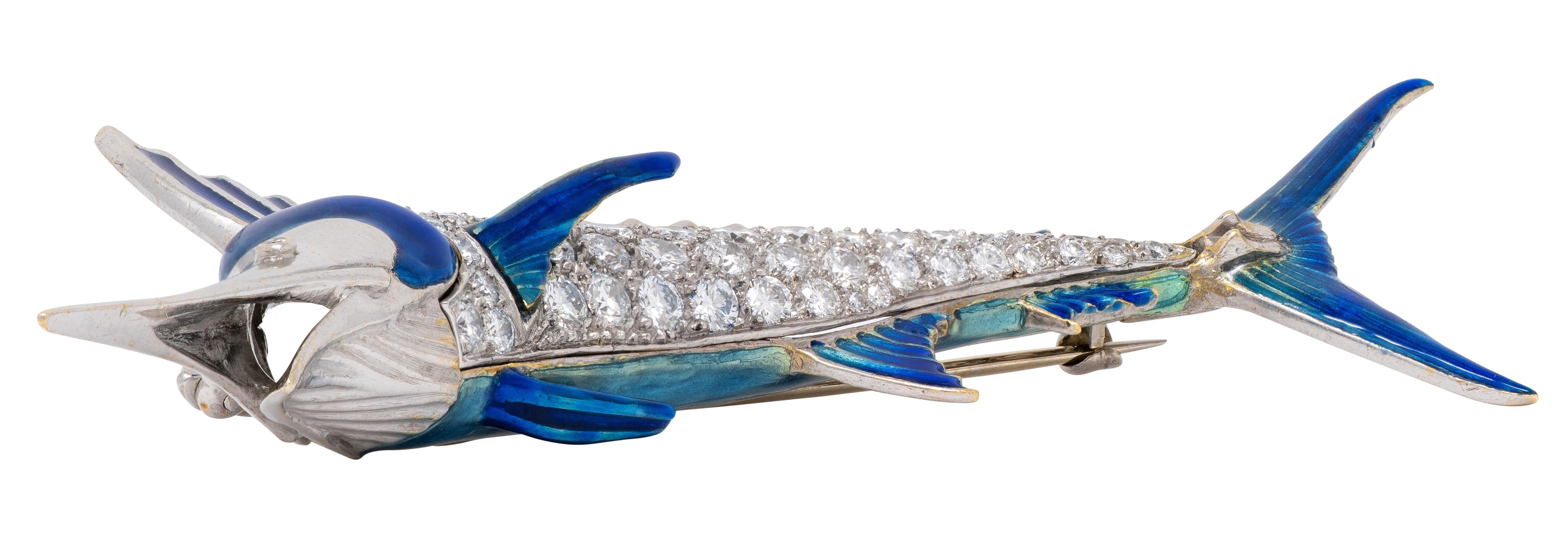 1950's Diamond Enamel 18 Karat White Gold Vintage Blue Marlin Fish Brooch