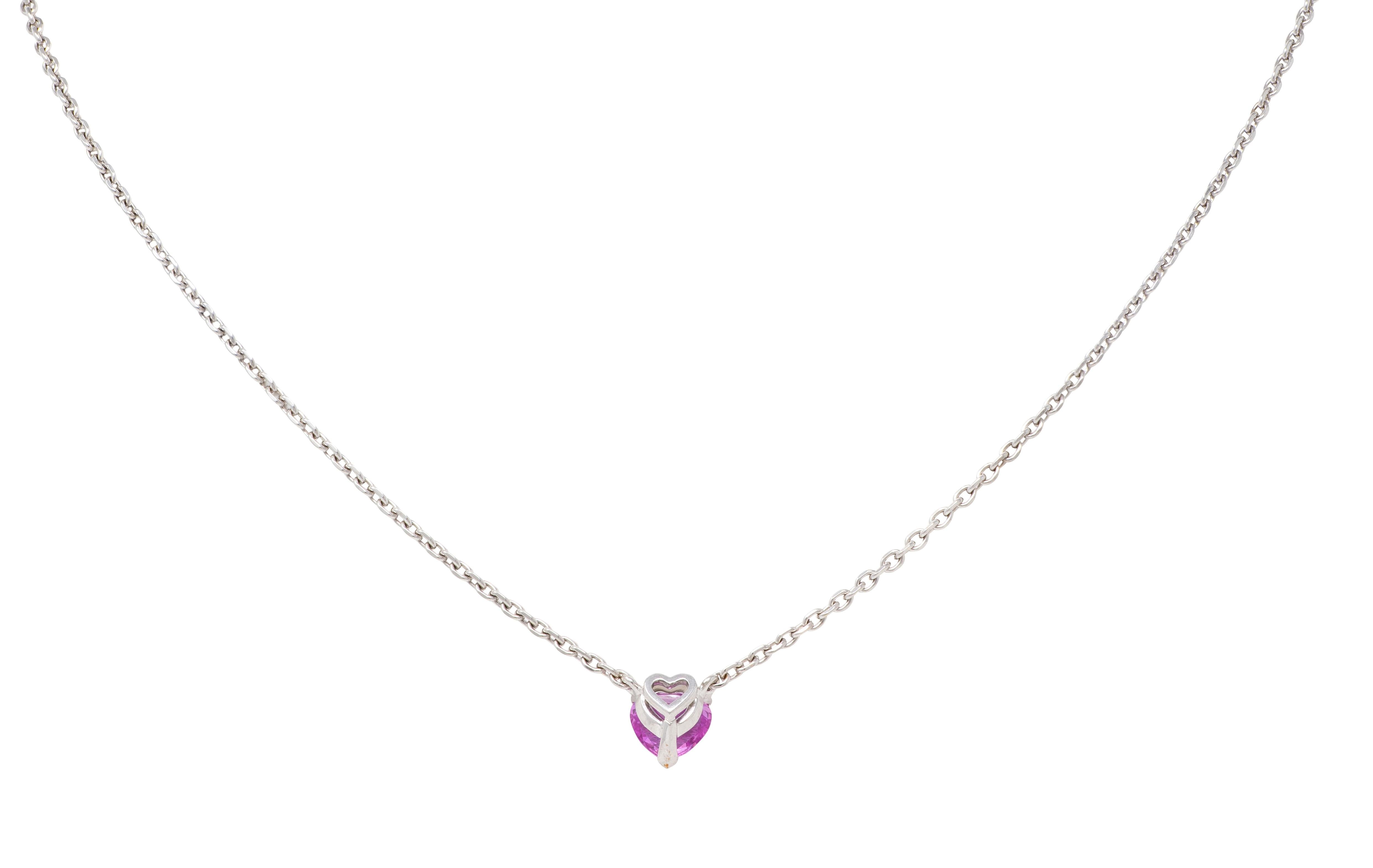 Cartier French 2001 Pink Sapphire 18K White Gold Vintage Heart Station Necklace