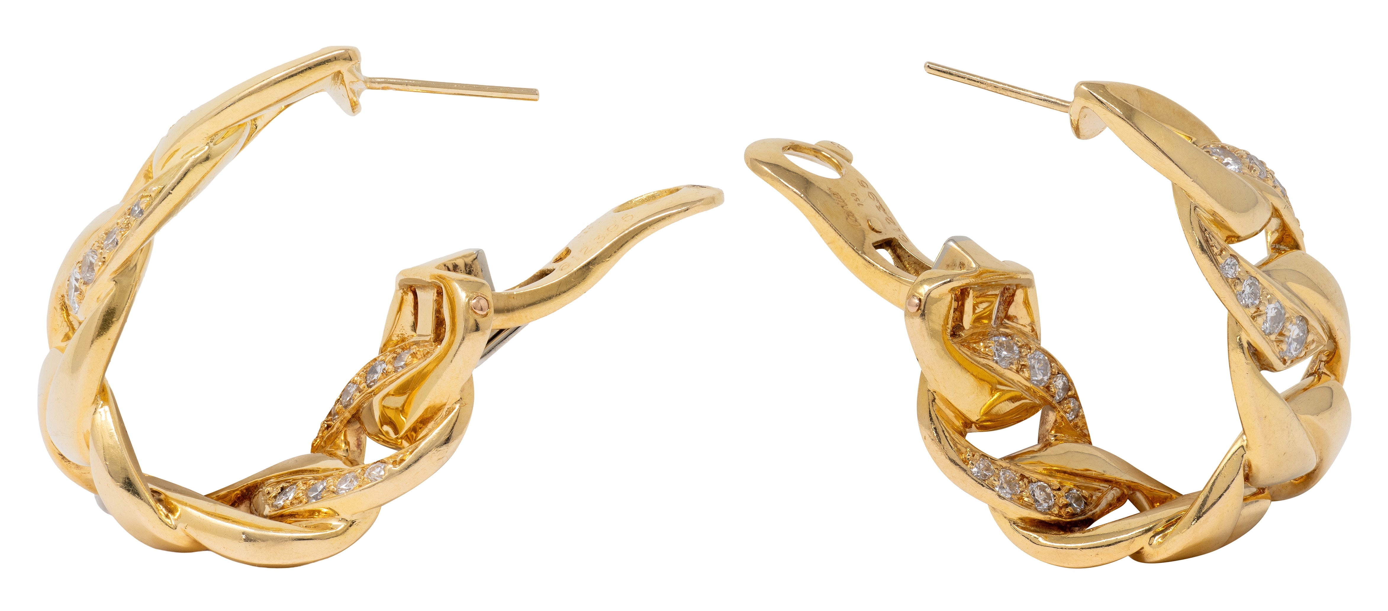 Cartier French 1980's Diamond 18 Karat Yellow Gold Vintage Chain Link Inside-Outside Hoop Earrings