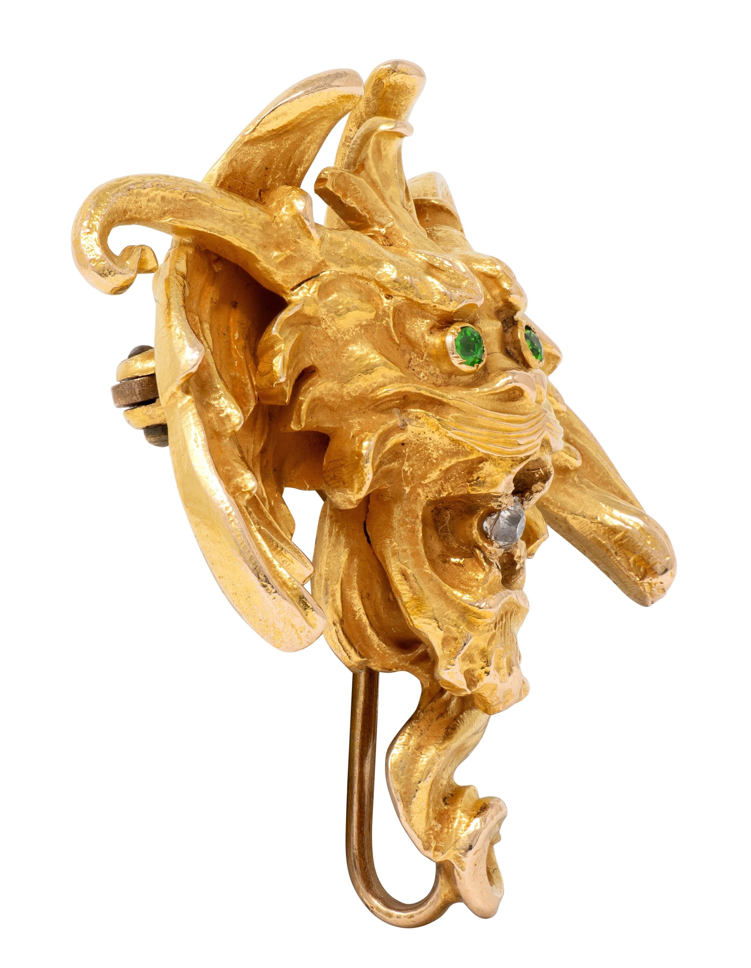 Victorian Diamond Demantoid Garnet 14 Karat Yellow Gold Chimera Antique Brooch