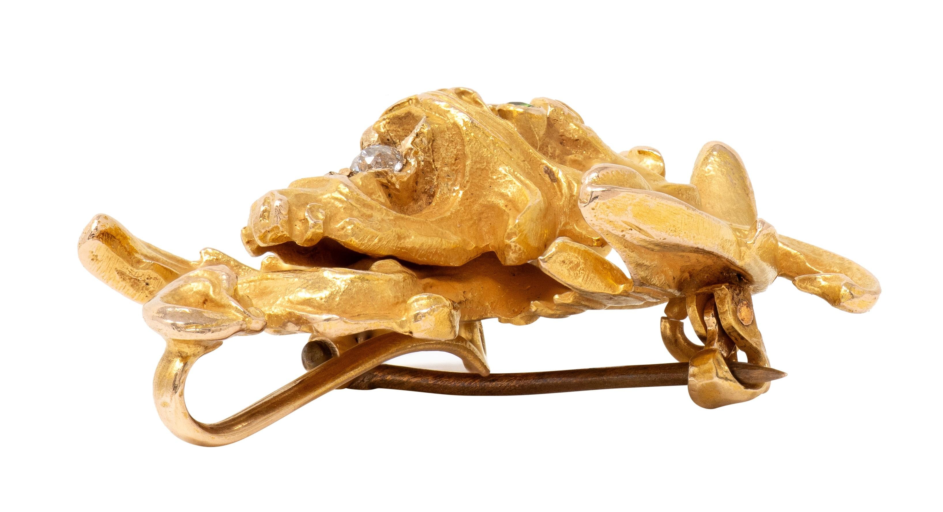 Victorian Diamond Demantoid Garnet 14 Karat Yellow Gold Chimera Antique Brooch