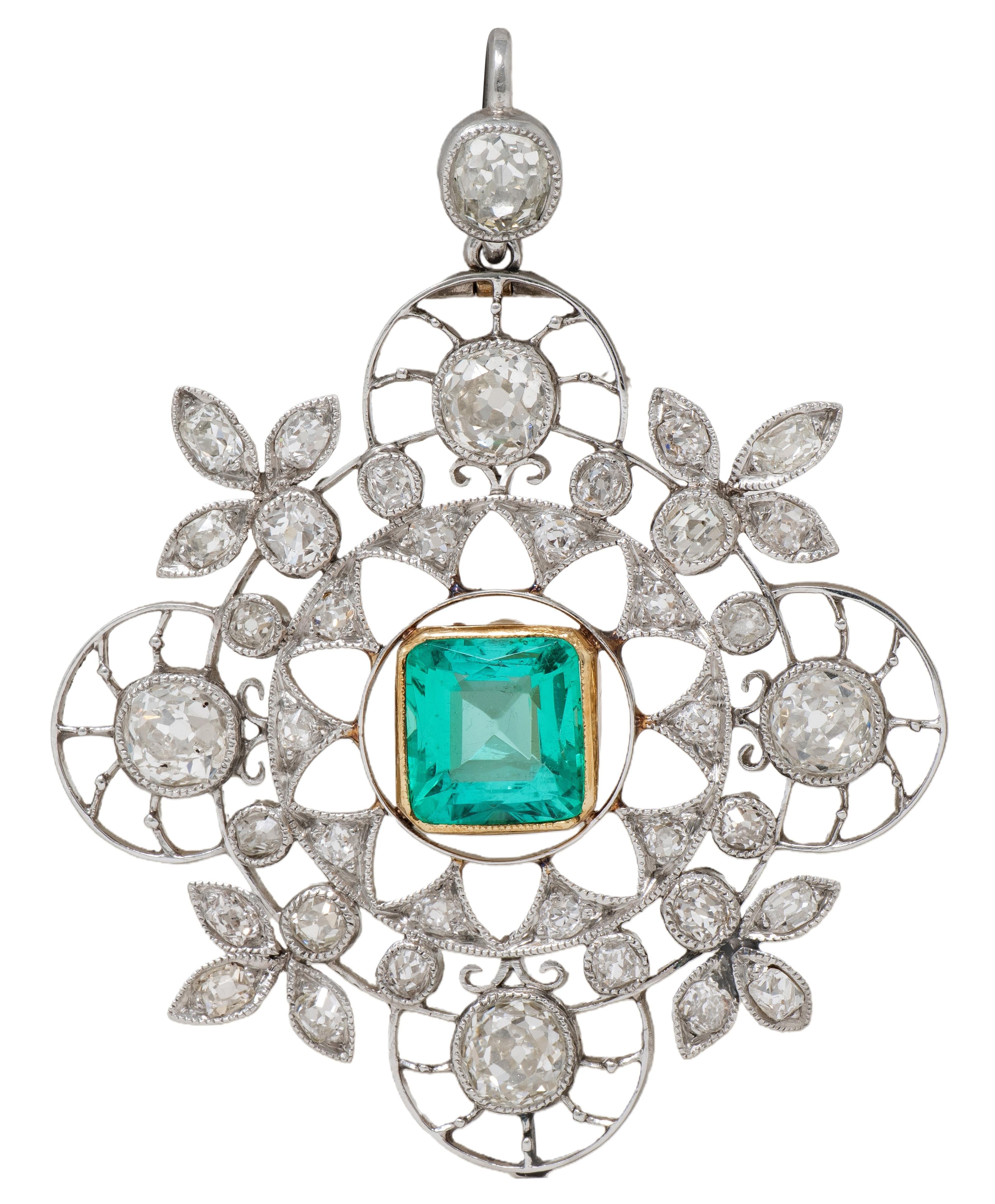 Art Deco 5.09 CTW Emerald Diamond Platinum 18K Gold Vintage Quatrefoil Pendant