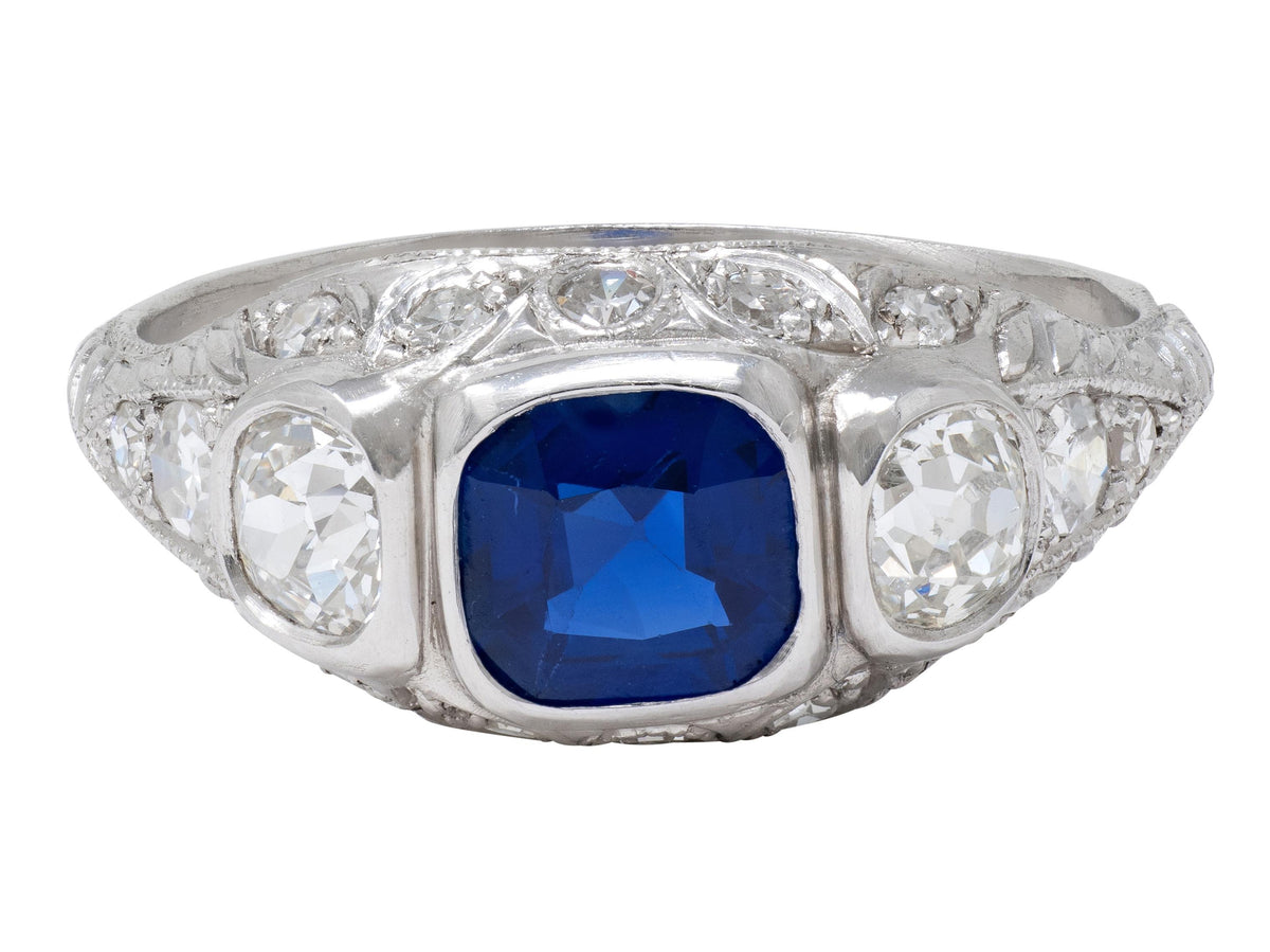Edwardian 1.98 CTW No Heat Sapphire Diamond Platinum Antique Foliate Ring GIA