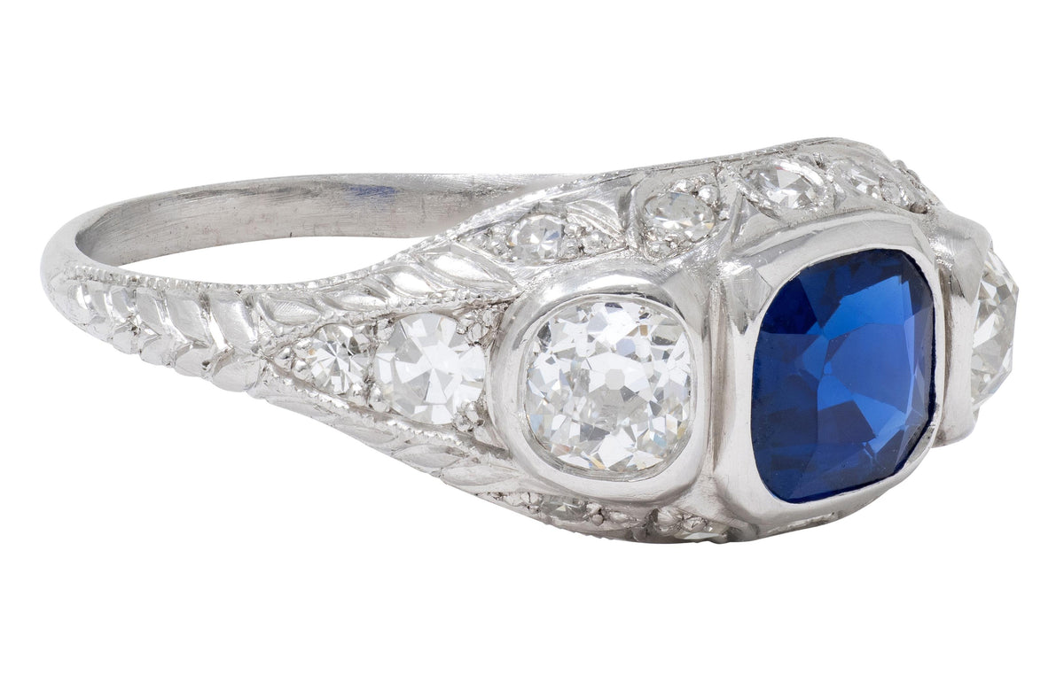 Edwardian 1.98 CTW No Heat Sapphire Diamond Platinum Antique Foliate Ring GIA