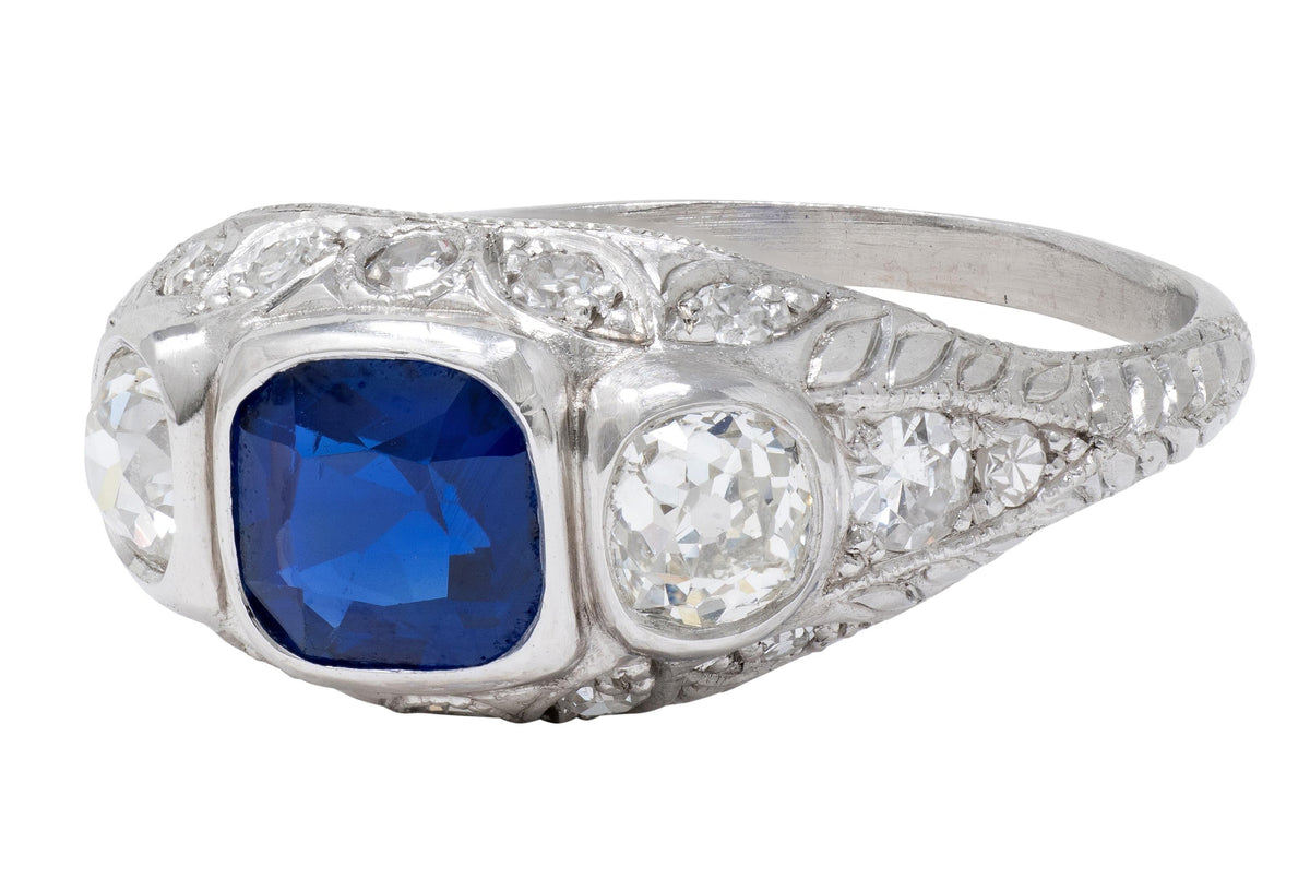 Edwardian 1.98 CTW No Heat Sapphire Diamond Platinum Antique Foliate Ring GIA