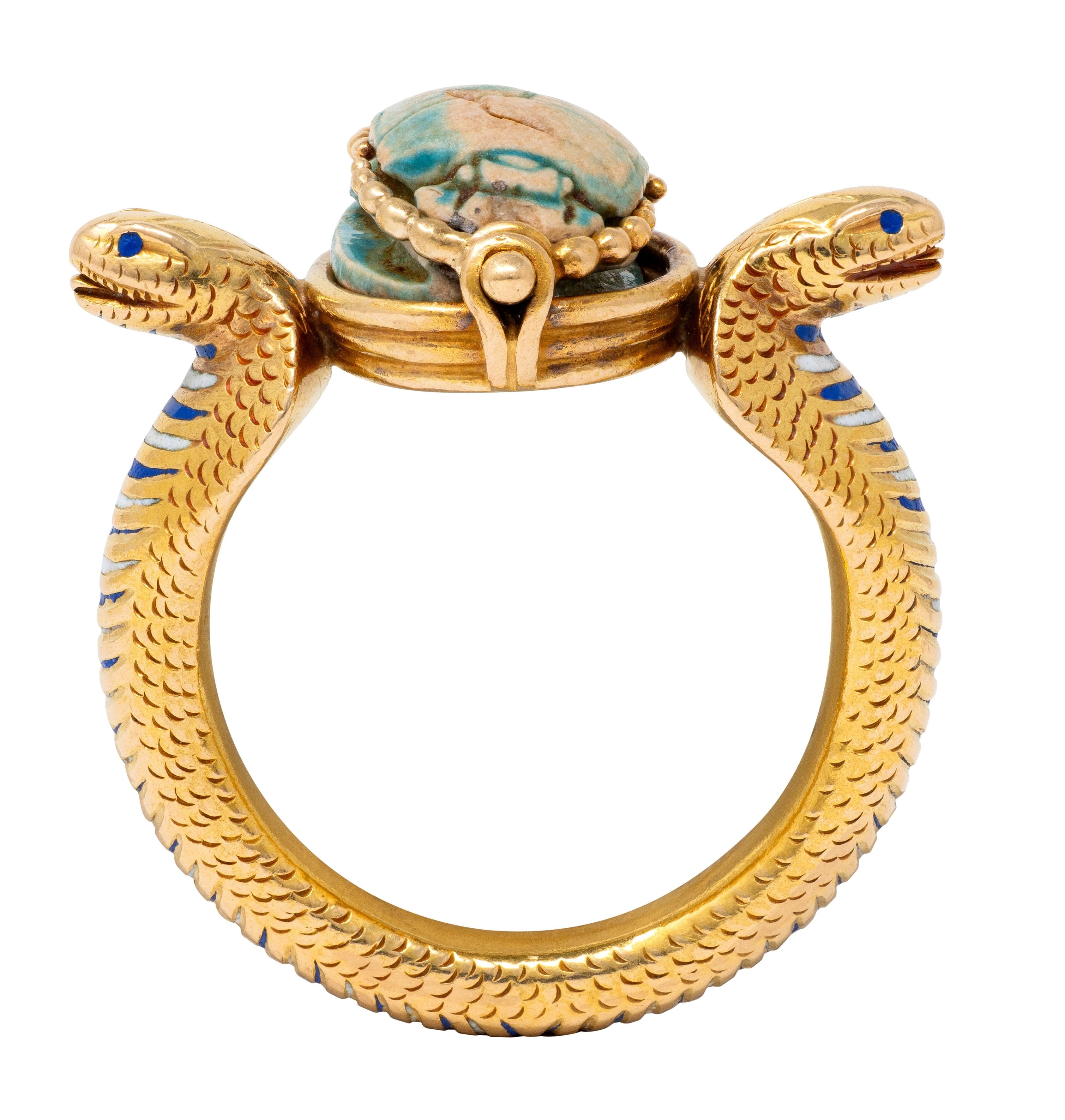 Early Art Deco Egyptian Revival Hardstone Enamel 18K Antique Scarab Snake Ring