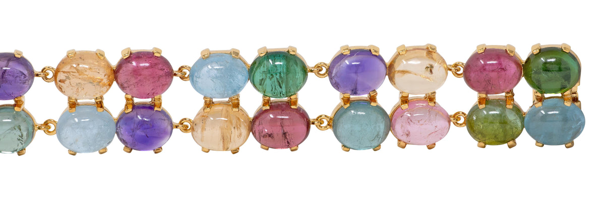 2000's Multi-Gem 14 Karat Yellow Gold Vintage Cabochon Link Bracelet
