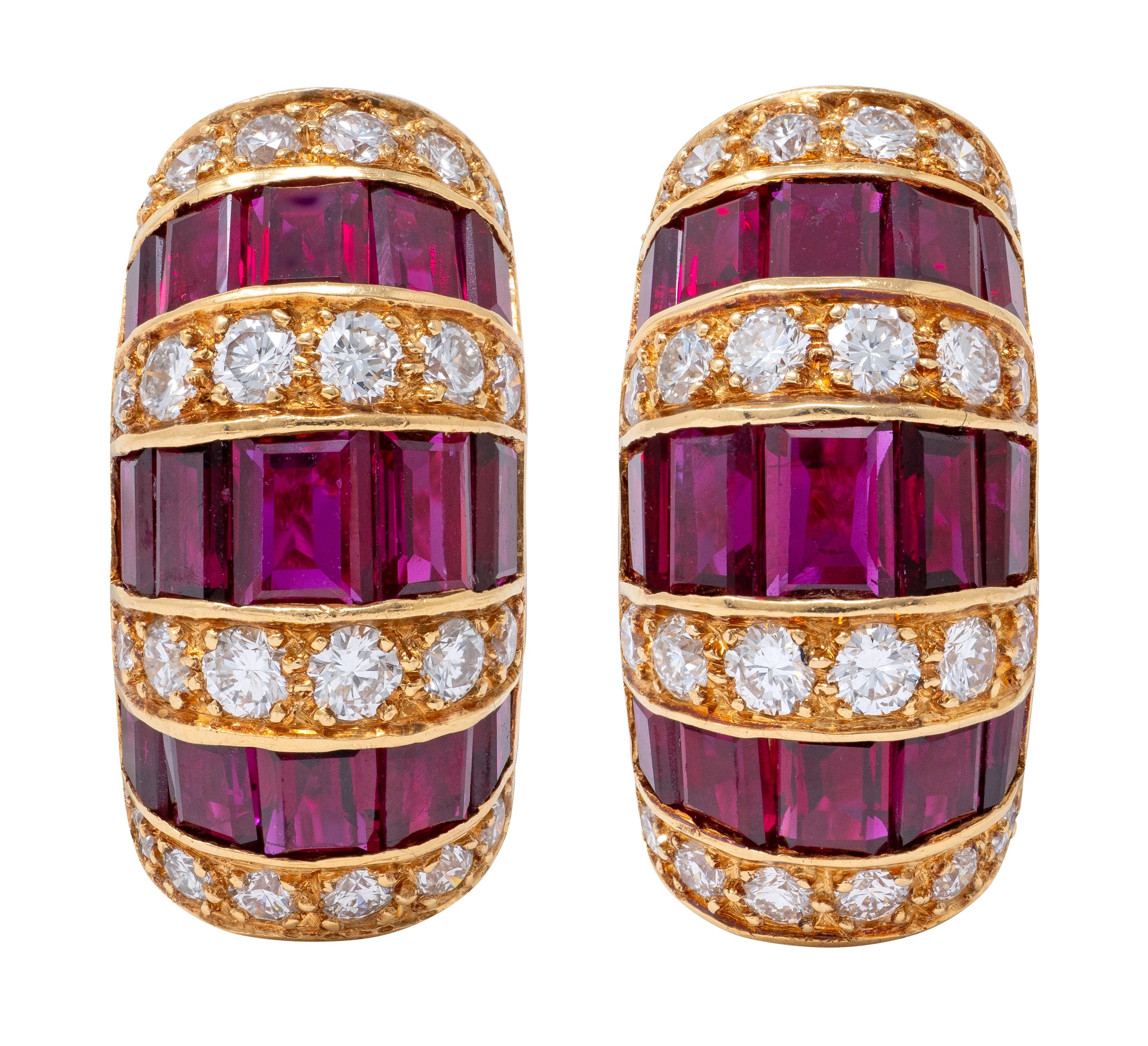 Oscar Heyman 1980's Ruby Diamond 18K Gold Vintage J-Hoop Ear-Clip Earrings