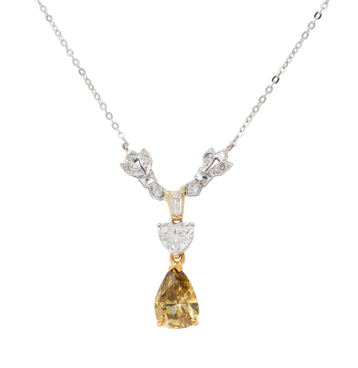 Contemporary 2.97 CTW Diamond 14 Karat Two-Tone Gold Heart Drop Station Necklace