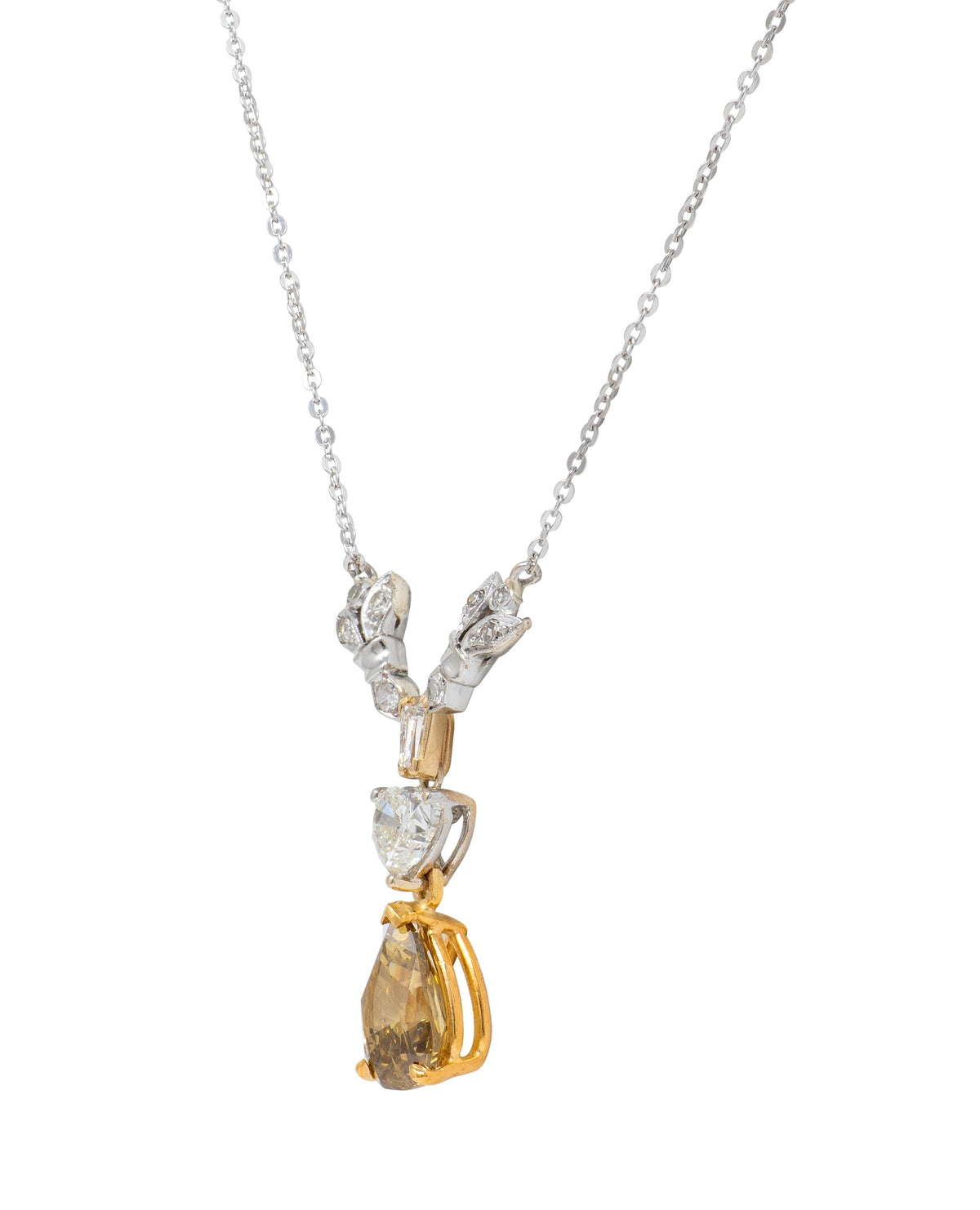 Contemporary 2.97 CTW Diamond 14 Karat Two-Tone Gold Heart Drop Station Necklace