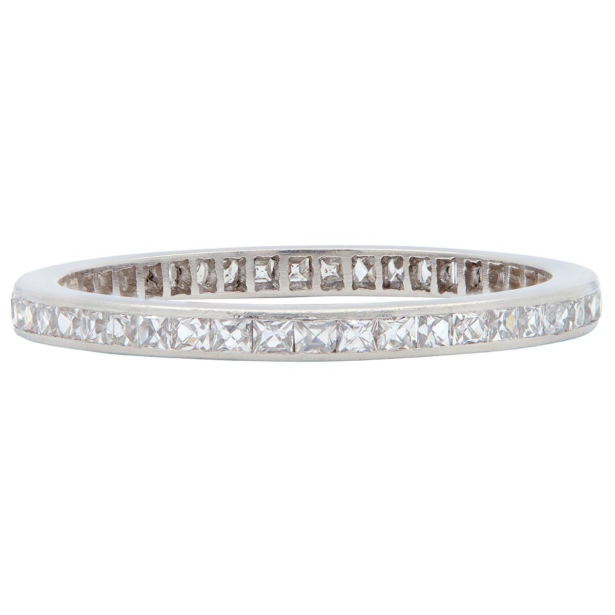 Art Deco 1.38 CTW Diamond Platinum Vintage French Cut Eternity Wedding Band Ring