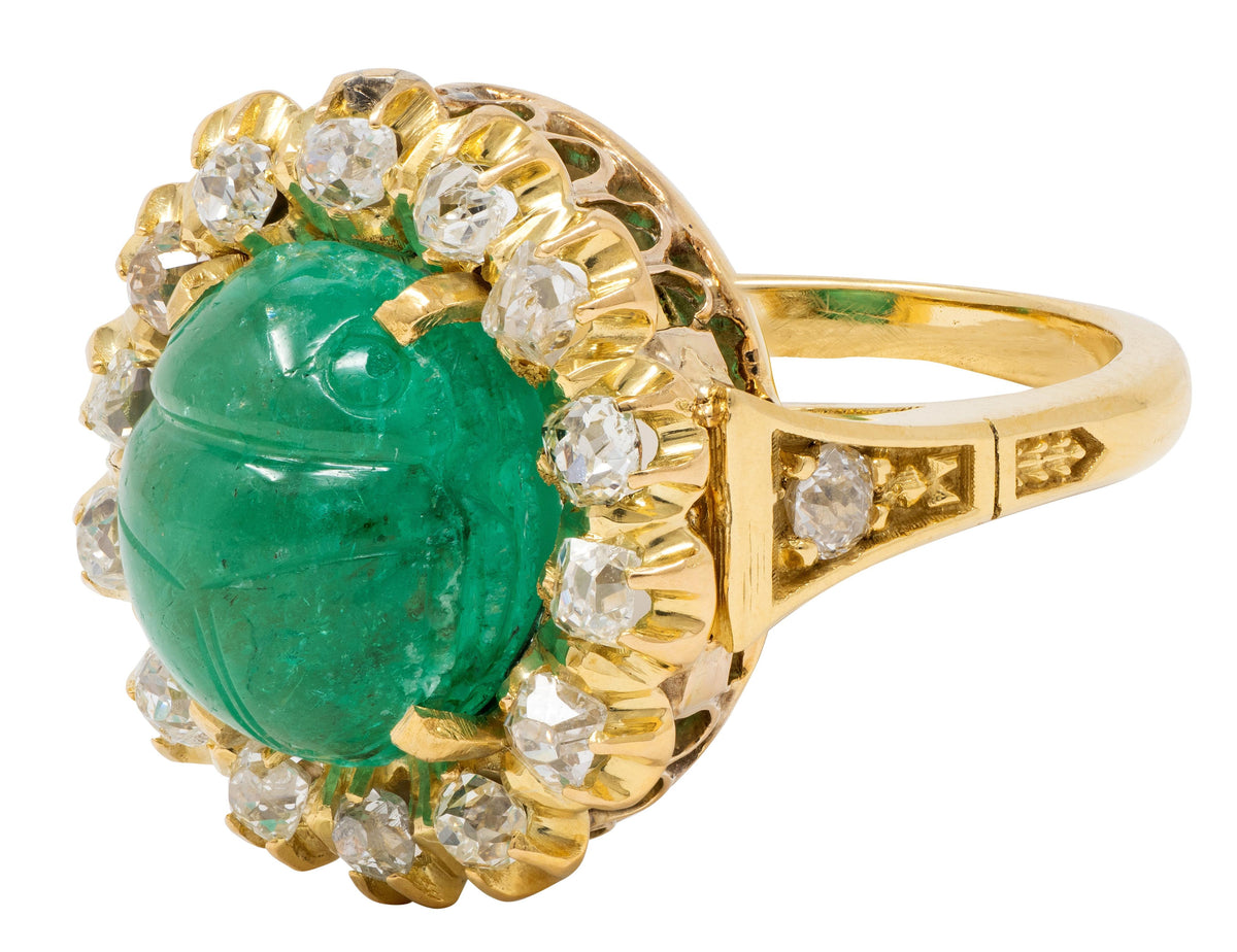 Vintage Egyptian Revival Emerald Diamond 18K Yellow Gold Scarab Halo Ring